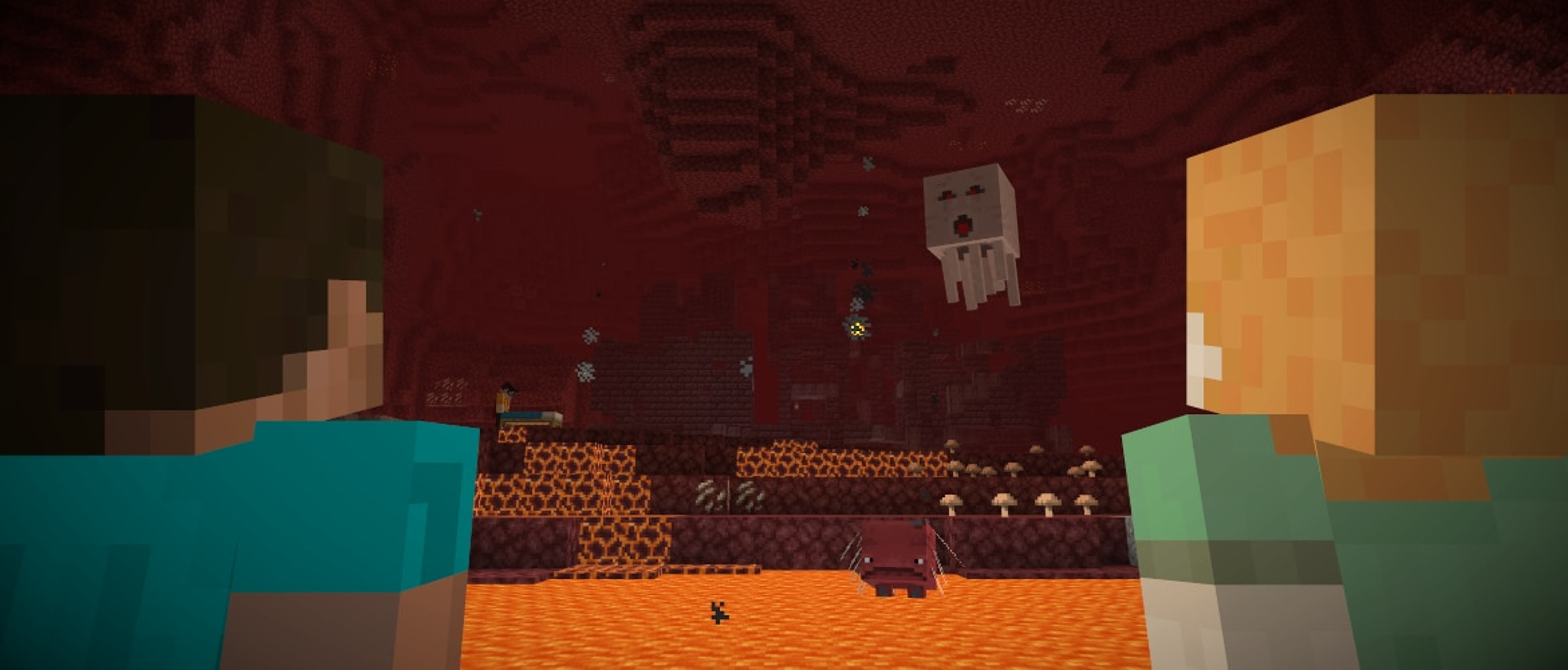 Steve and Alex looking across a lava lake toward a Nether fortress while a ghast and blaze float nearby.