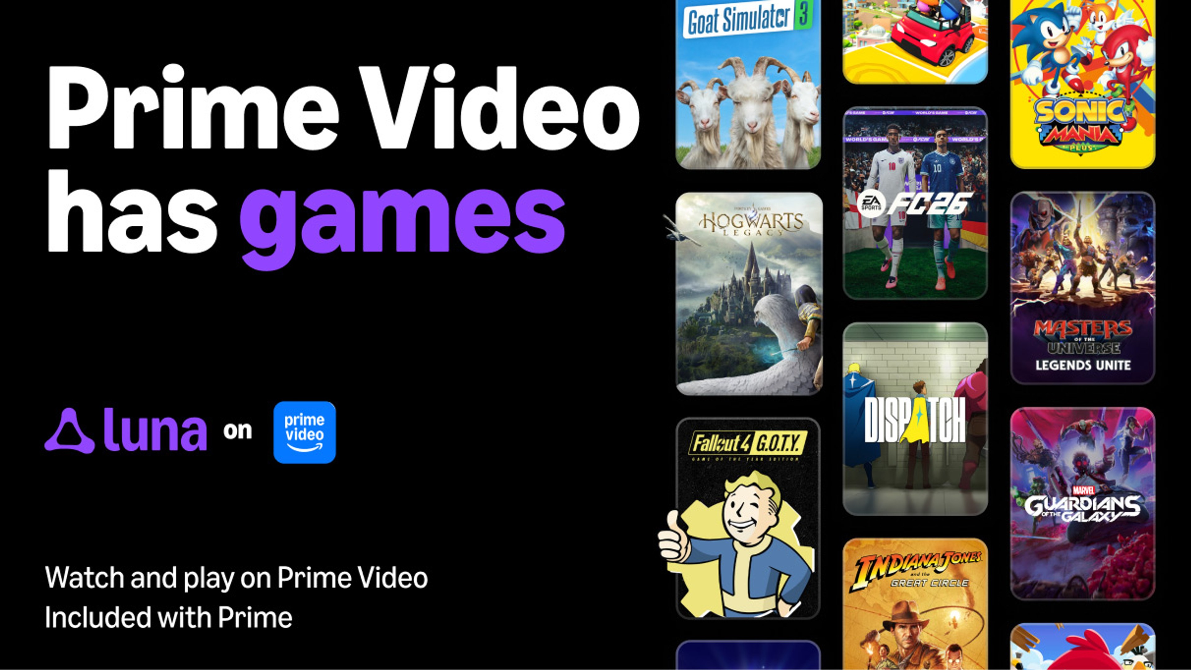 An official Amazon graphic announces that Prime Video now includes games from Luna.