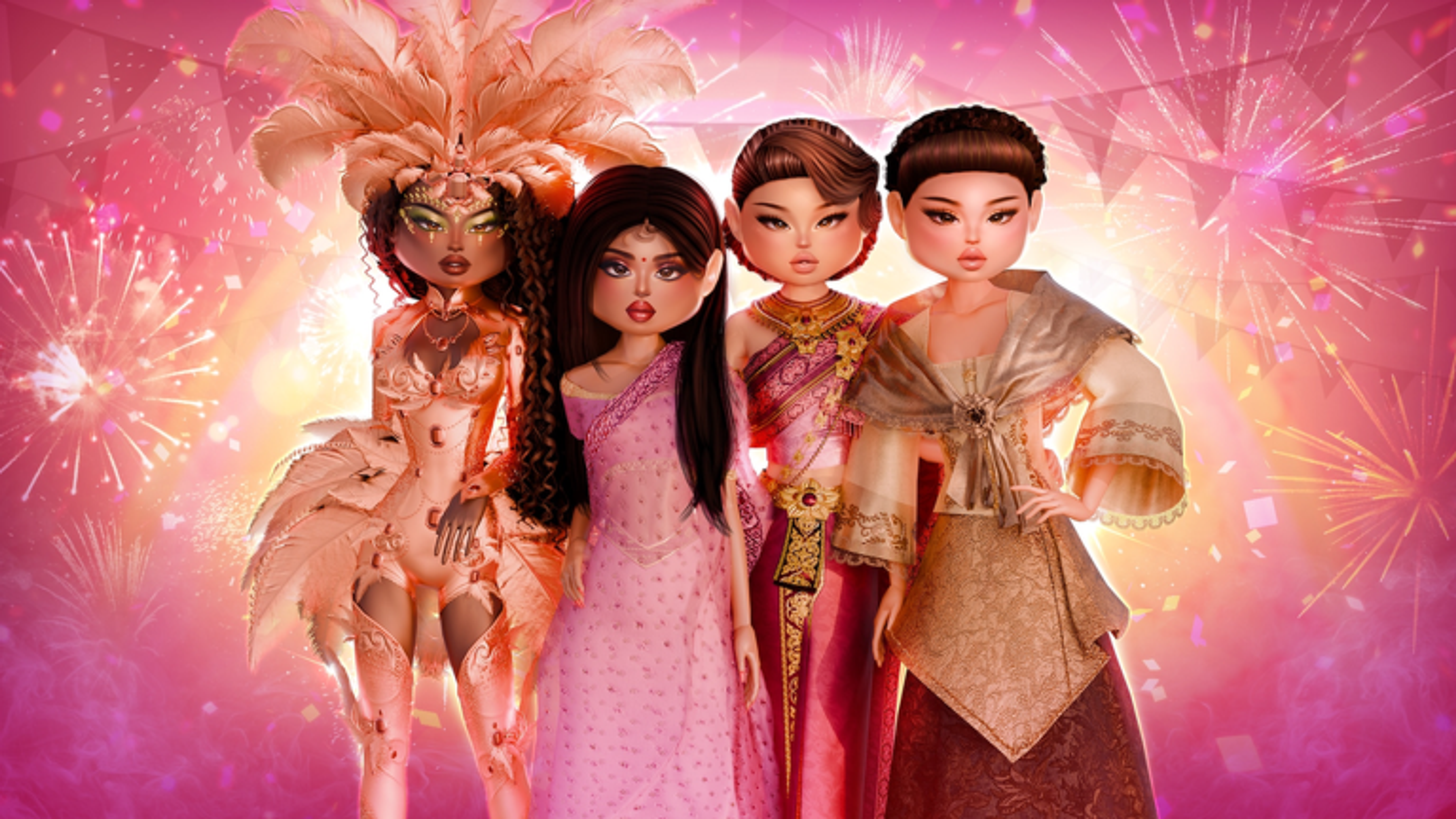 Four Dress To Impress characters wearing colorful runway outfits.