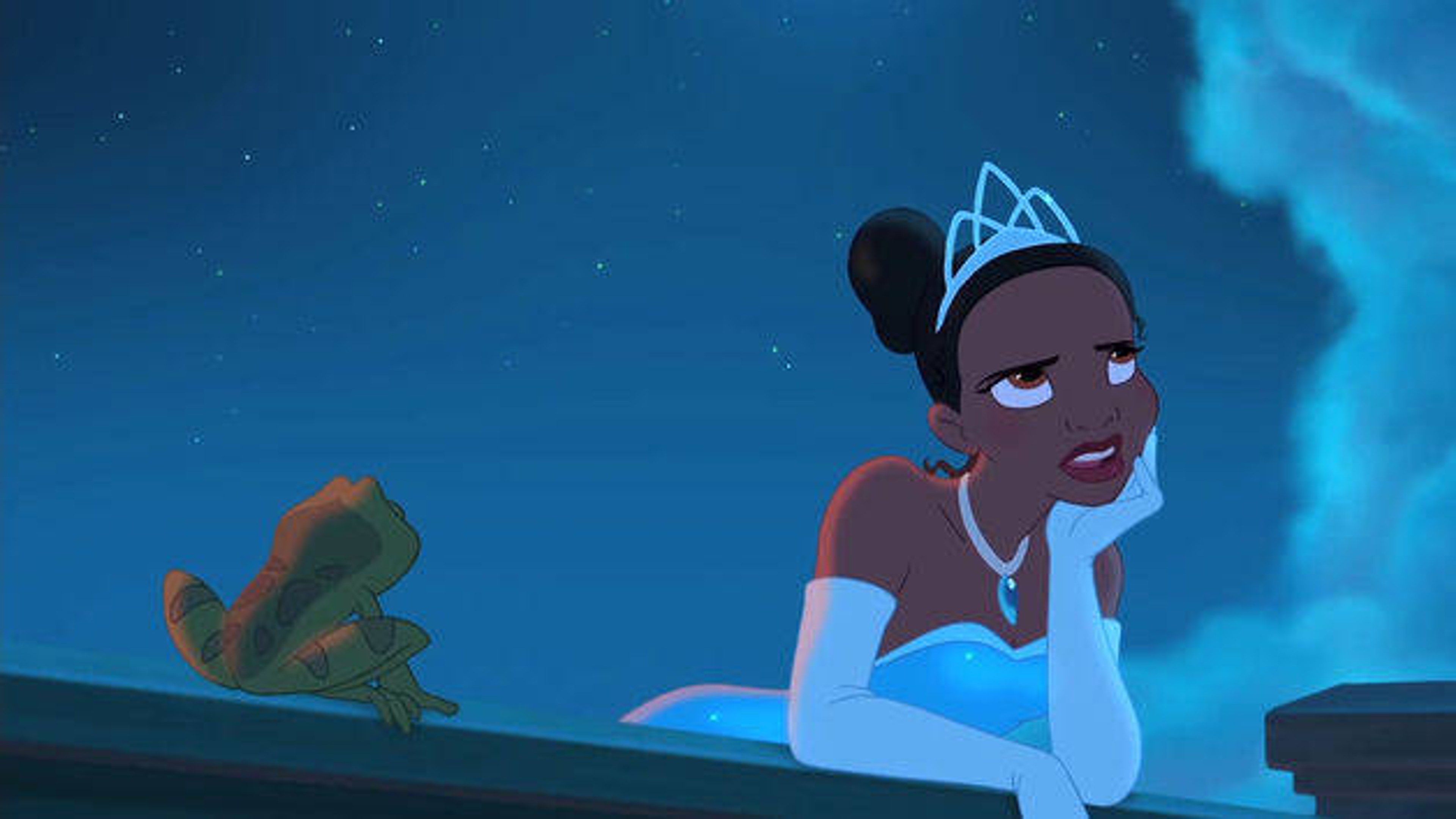 Tiana leans on a balcony in an official still from The Princess and the Frog.