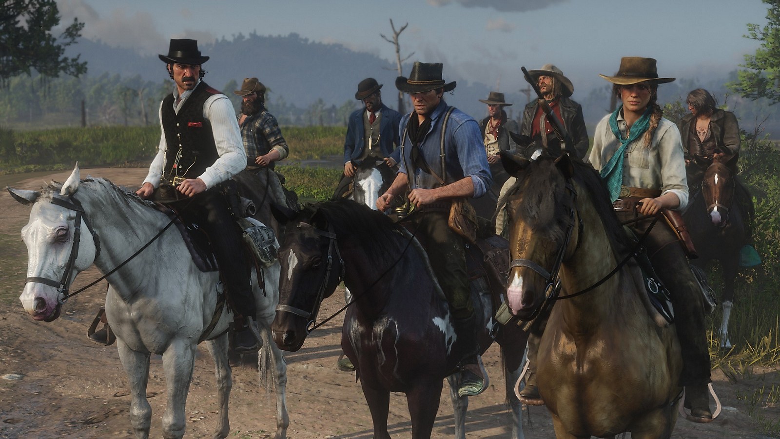 Arthur Morgan riding with members of the Van der Linde gang.