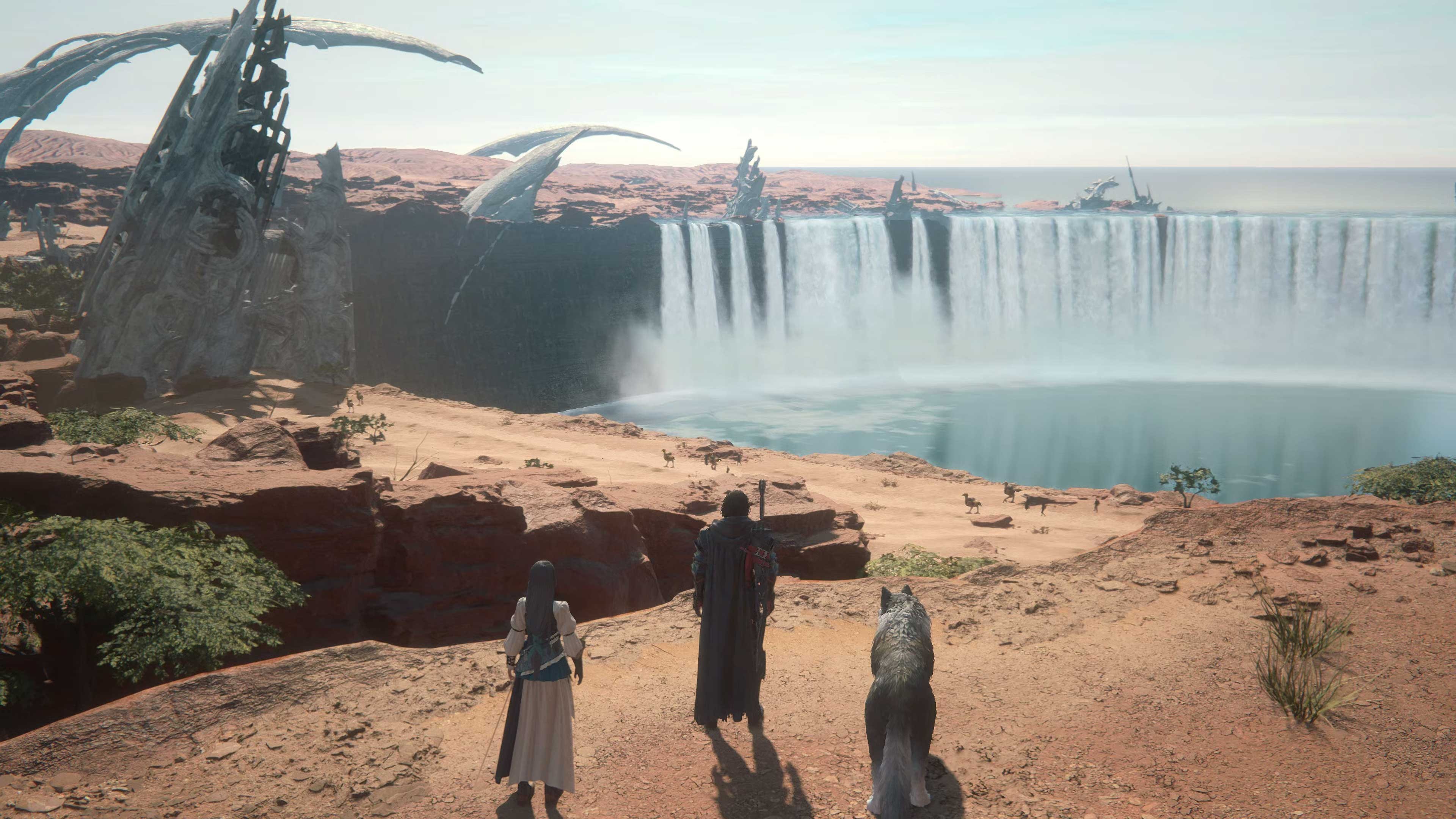Clive, Jill, and Torgal look over a sunlit Valisthea landscape in Final Fantasy XVI.