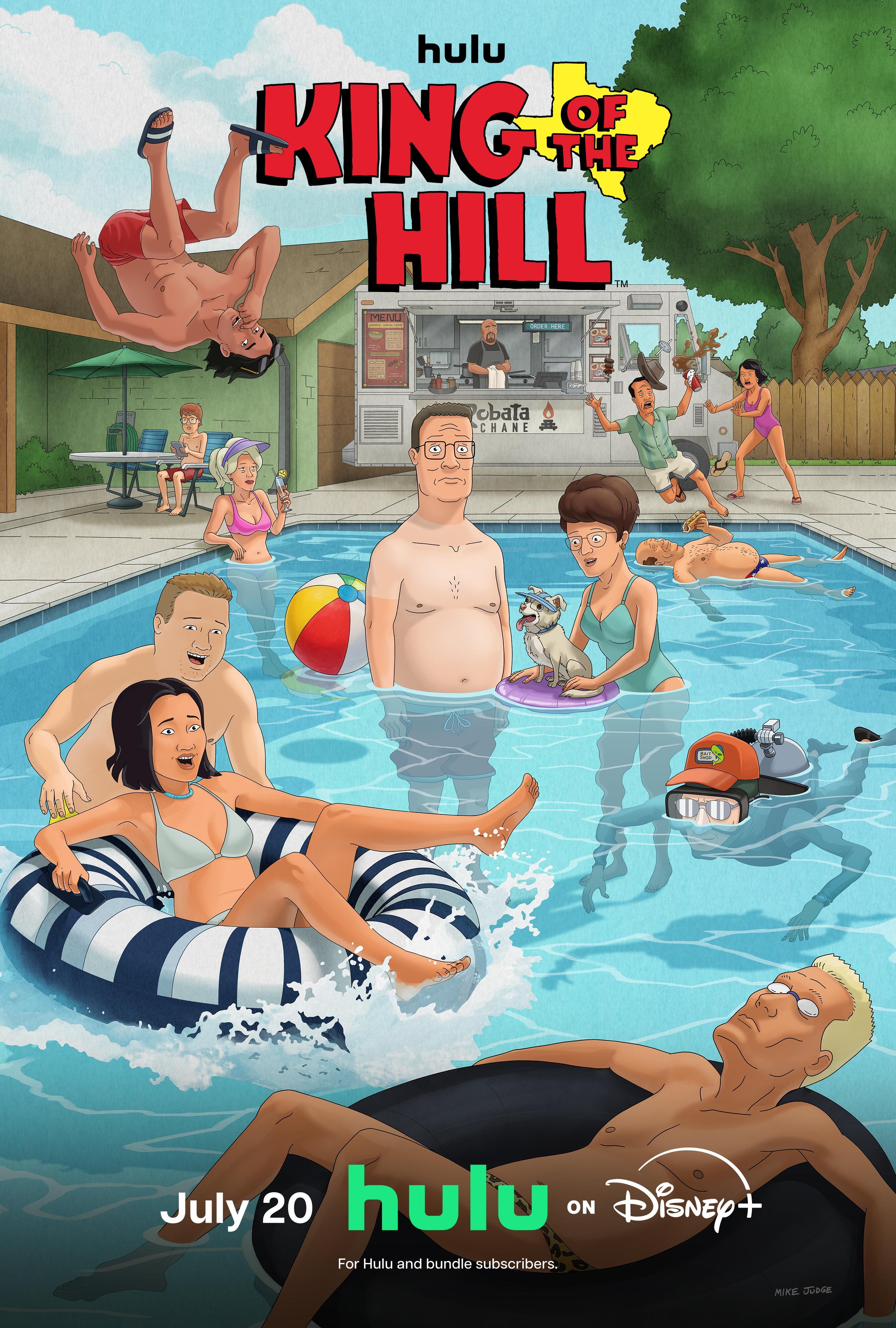 Official key art for King of the Hill Season 15 showing the characters around a pool.
