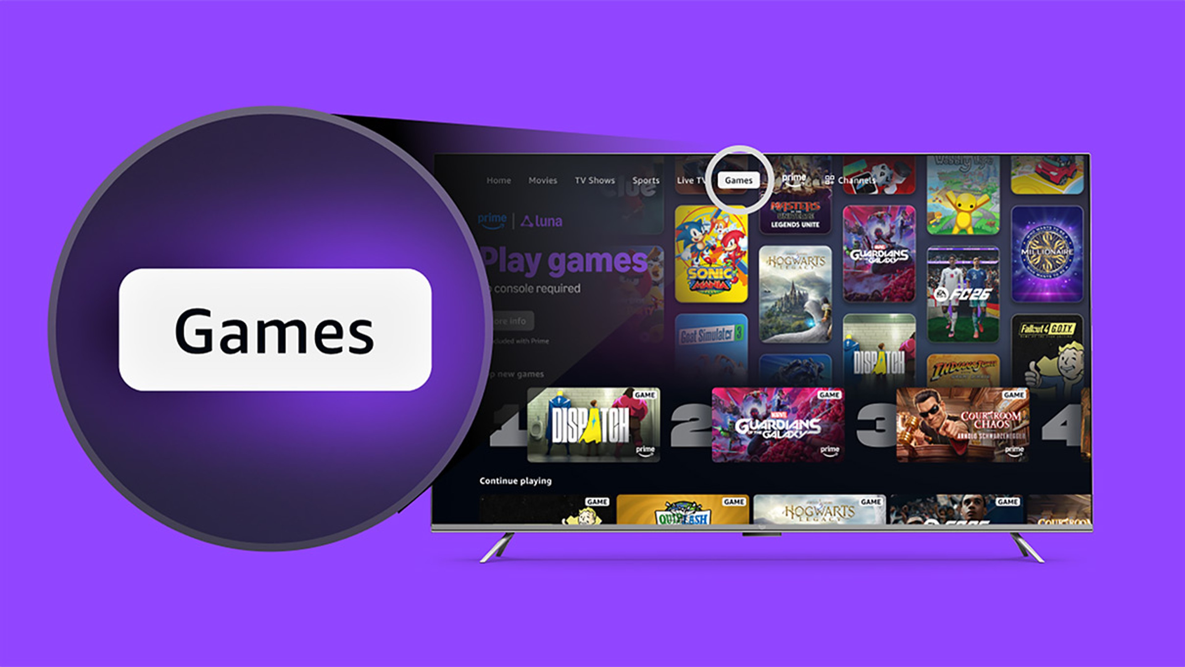 A close view of the Games tab inside the Prime Video app on a television.