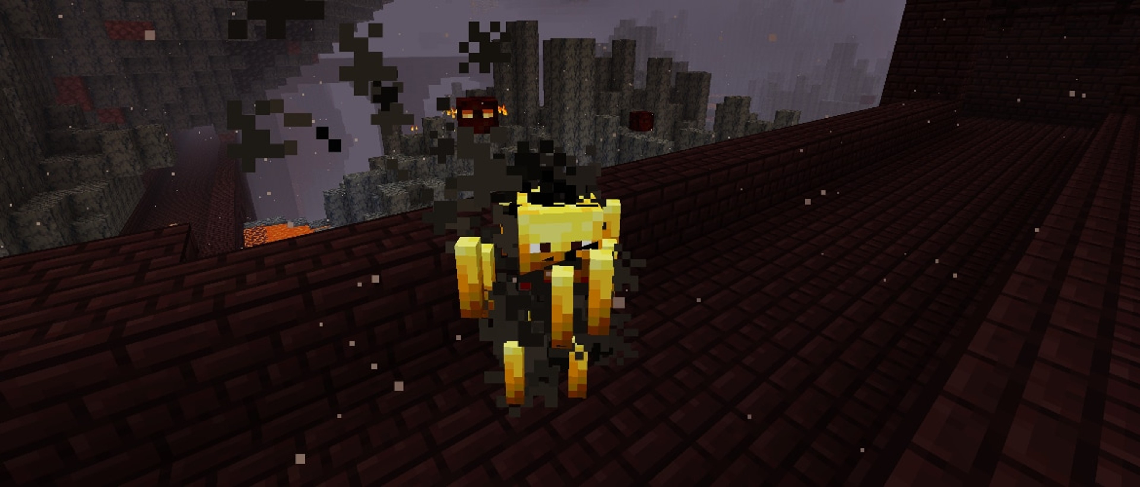 A blaze floating on a Nether fortress bridge with another blaze behind it.
