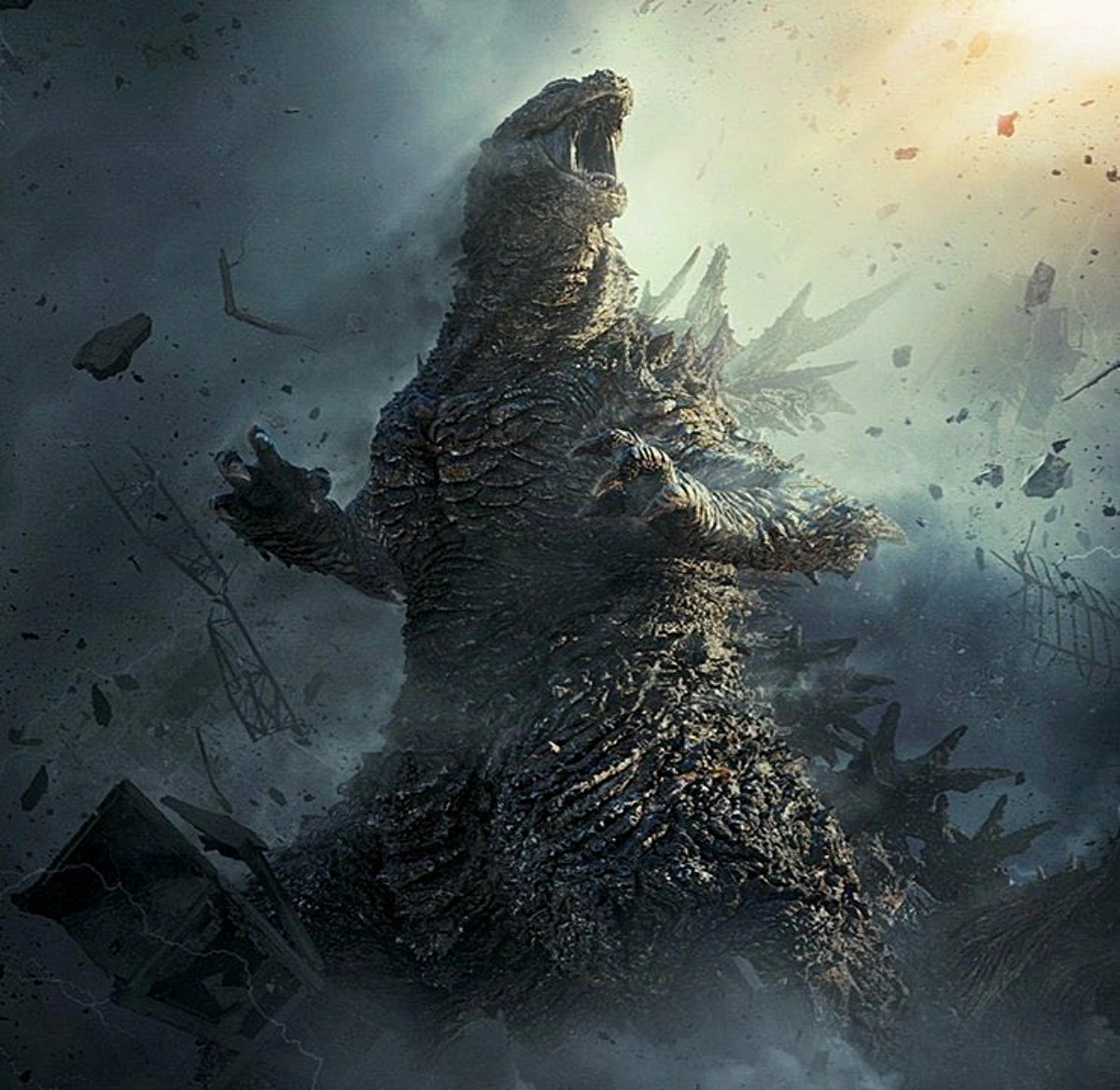 A closer Godzilla Minus Zero key art image shows the new Gojira design in smoke and rubble.