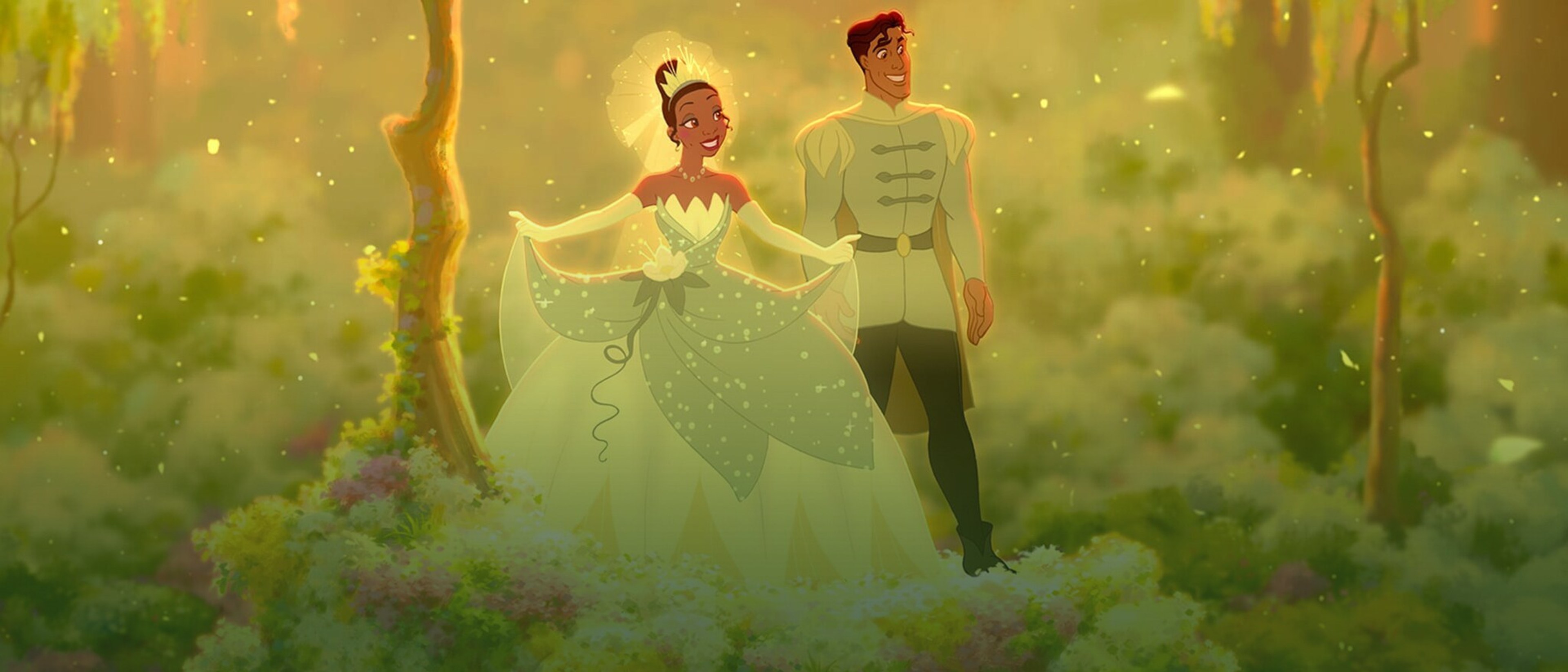 Official Disney banner art for The Princess and the Frog showing Tiana and Naveen in the bayou.