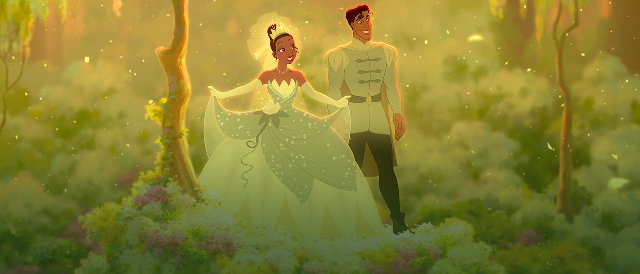 Official Disney banner art for The Princess and the Frog showing Tiana and Naveen in the bayou.