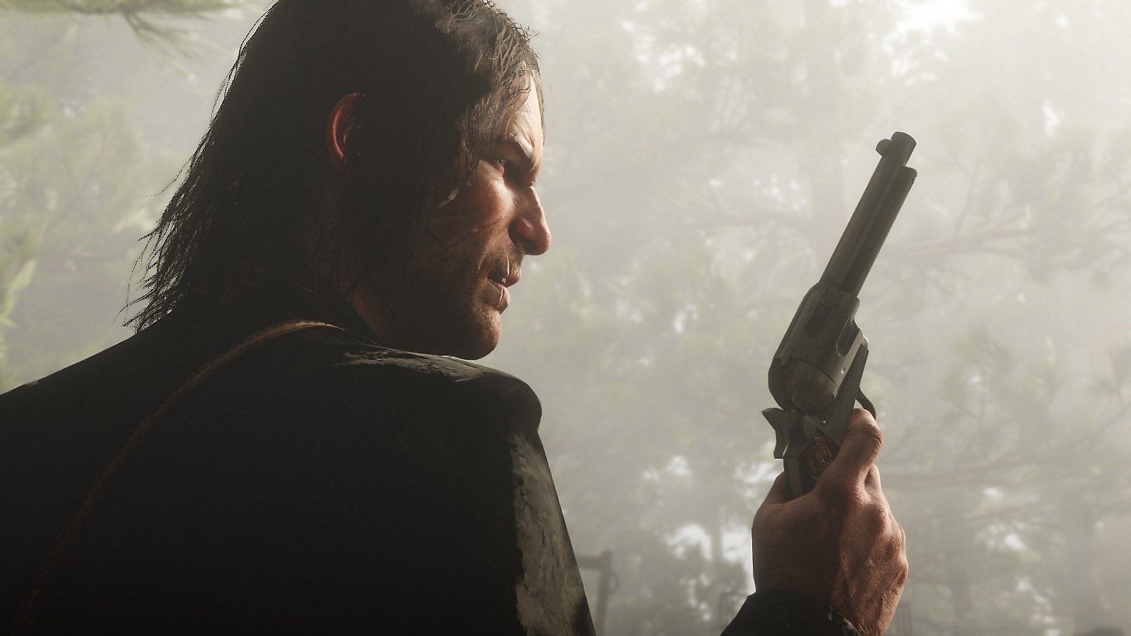 Arthur Morgan moving through a forest with a handgun.