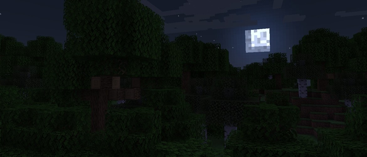A dark Minecraft forest at night with the moon above the trees.