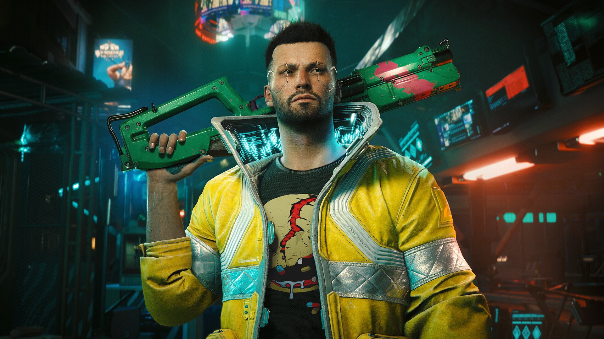 V stands in a neon-lit room with a weapon over his shoulder in Cyberpunk 2077.