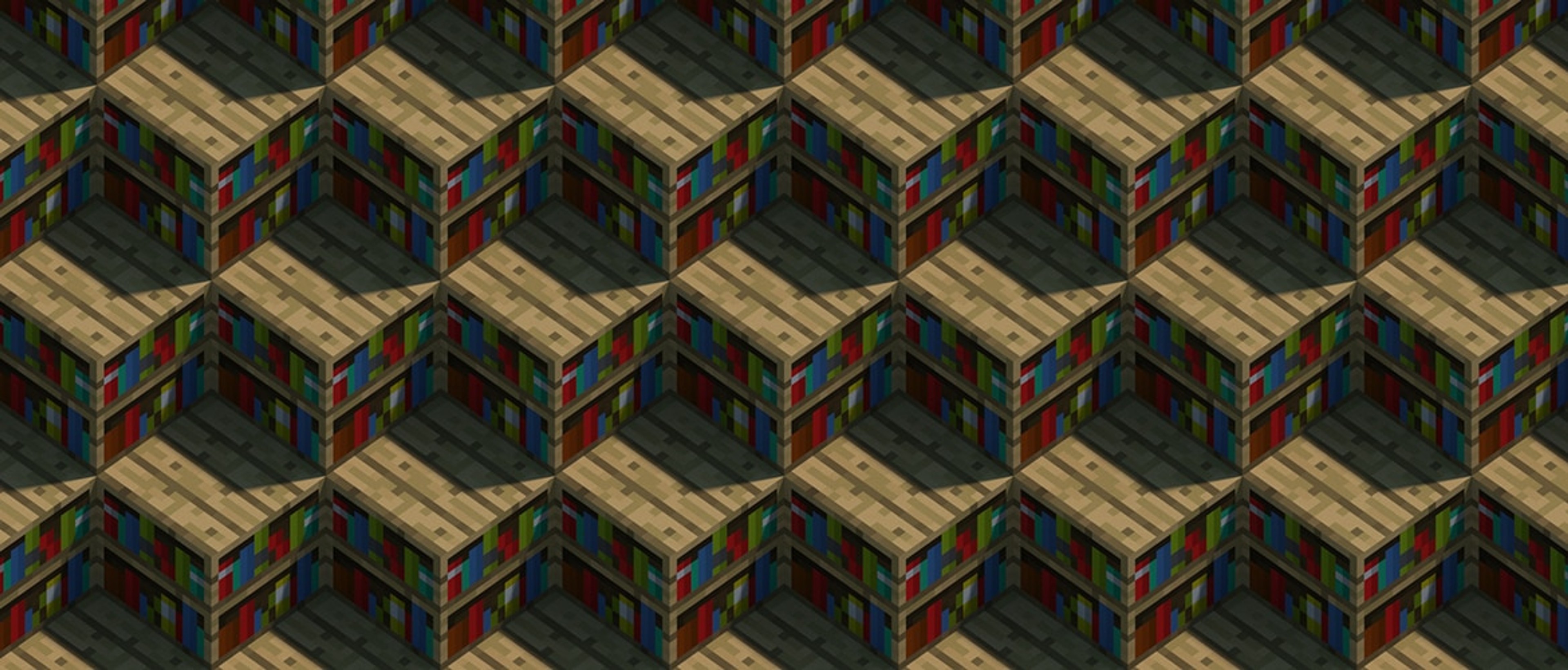 An official Minecraft image showing rows of bookshelves and open books.