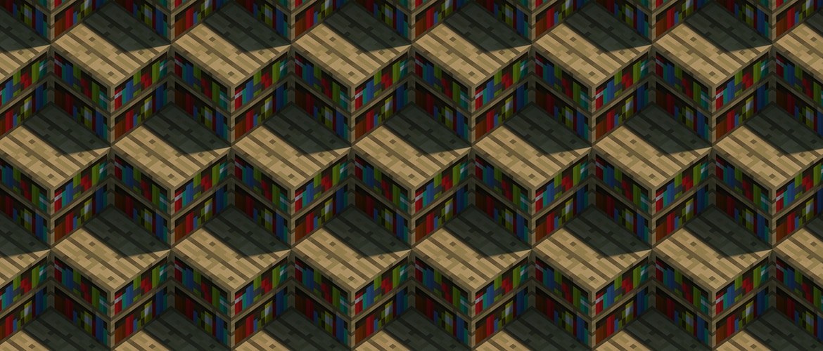 An official Minecraft image showing rows of bookshelves and open books.