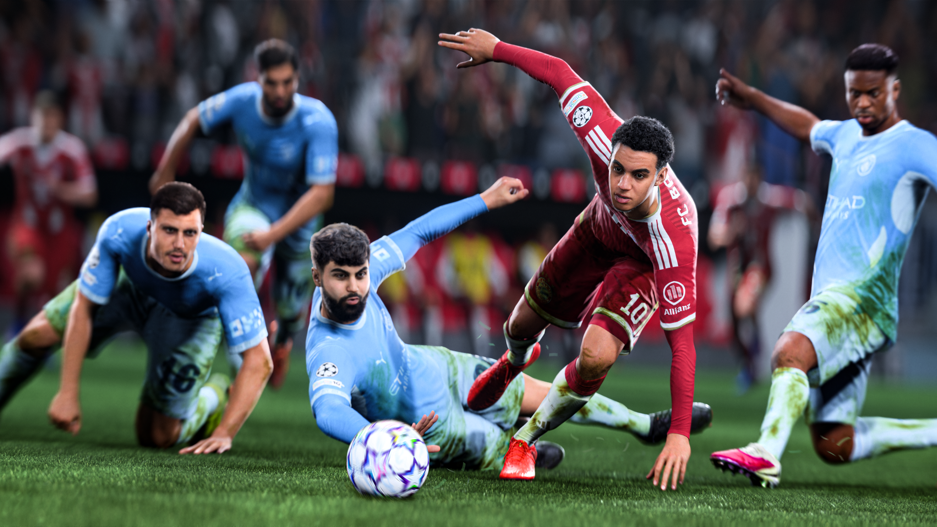 Jamal Musiala keeps control of the ball while several defenders close around him in EA Sports FC 27.