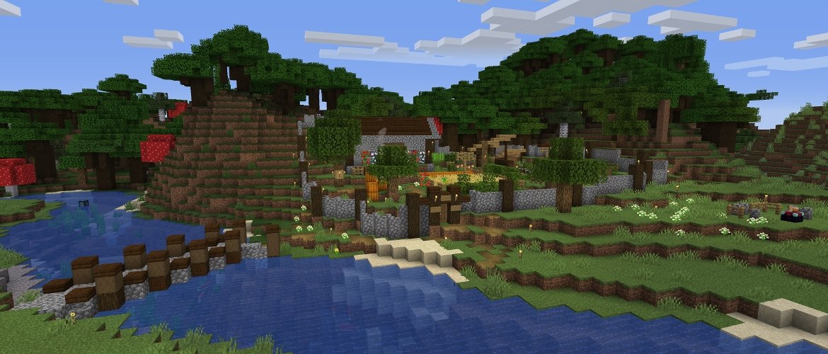 A wide Minecraft survival base scene used for a villager trading guide.