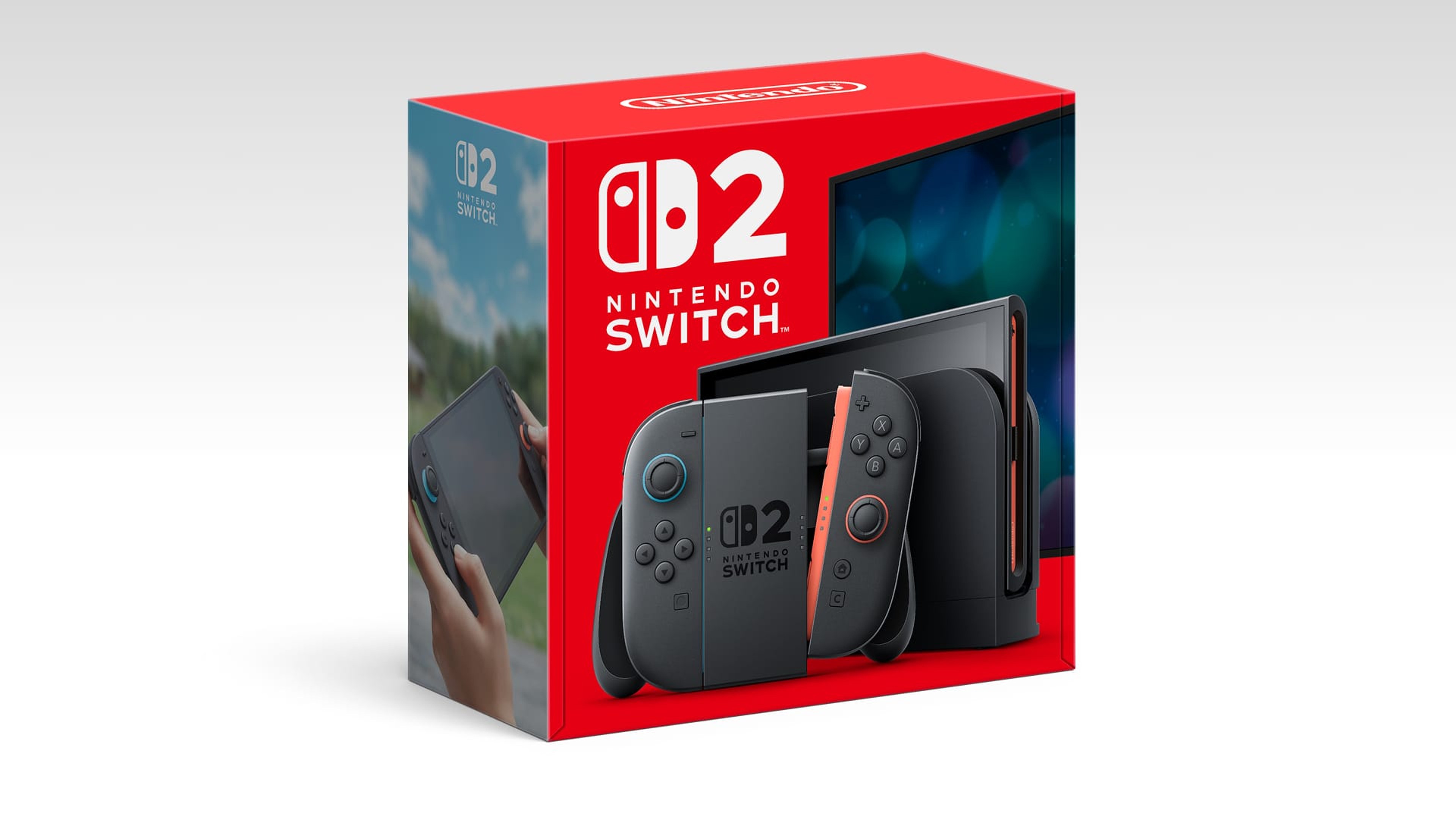 A Nintendo Switch 2 console and Joy-Con controllers are displayed in front of the retail box.