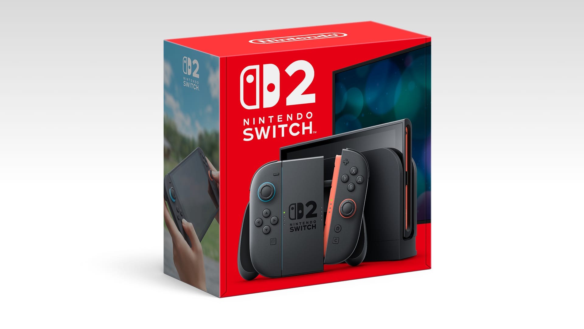 A Nintendo Switch 2 console and Joy-Con controllers are displayed in front of the retail box.