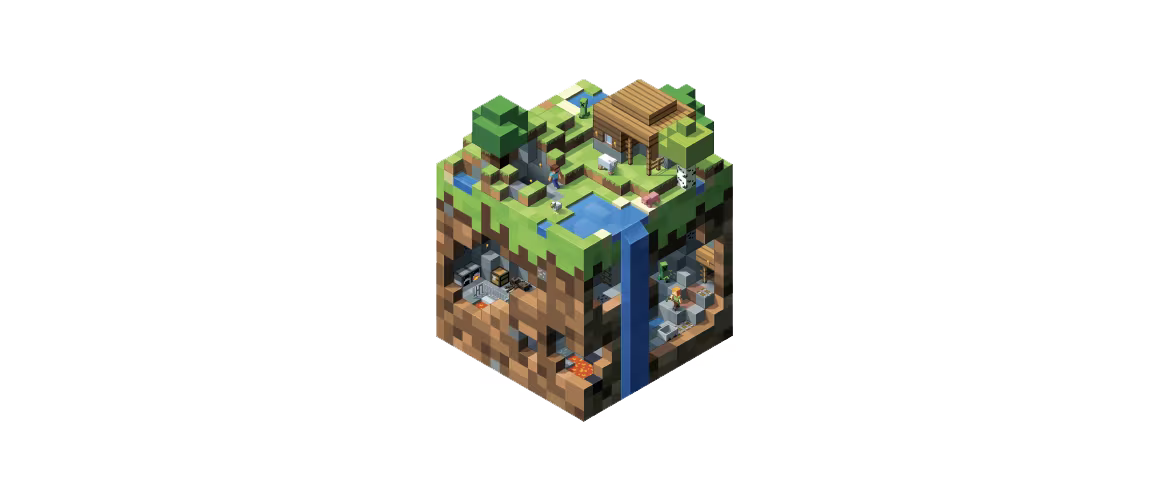 Official Minecraft art showing a compact survival world with a house, animals, caves, and water.