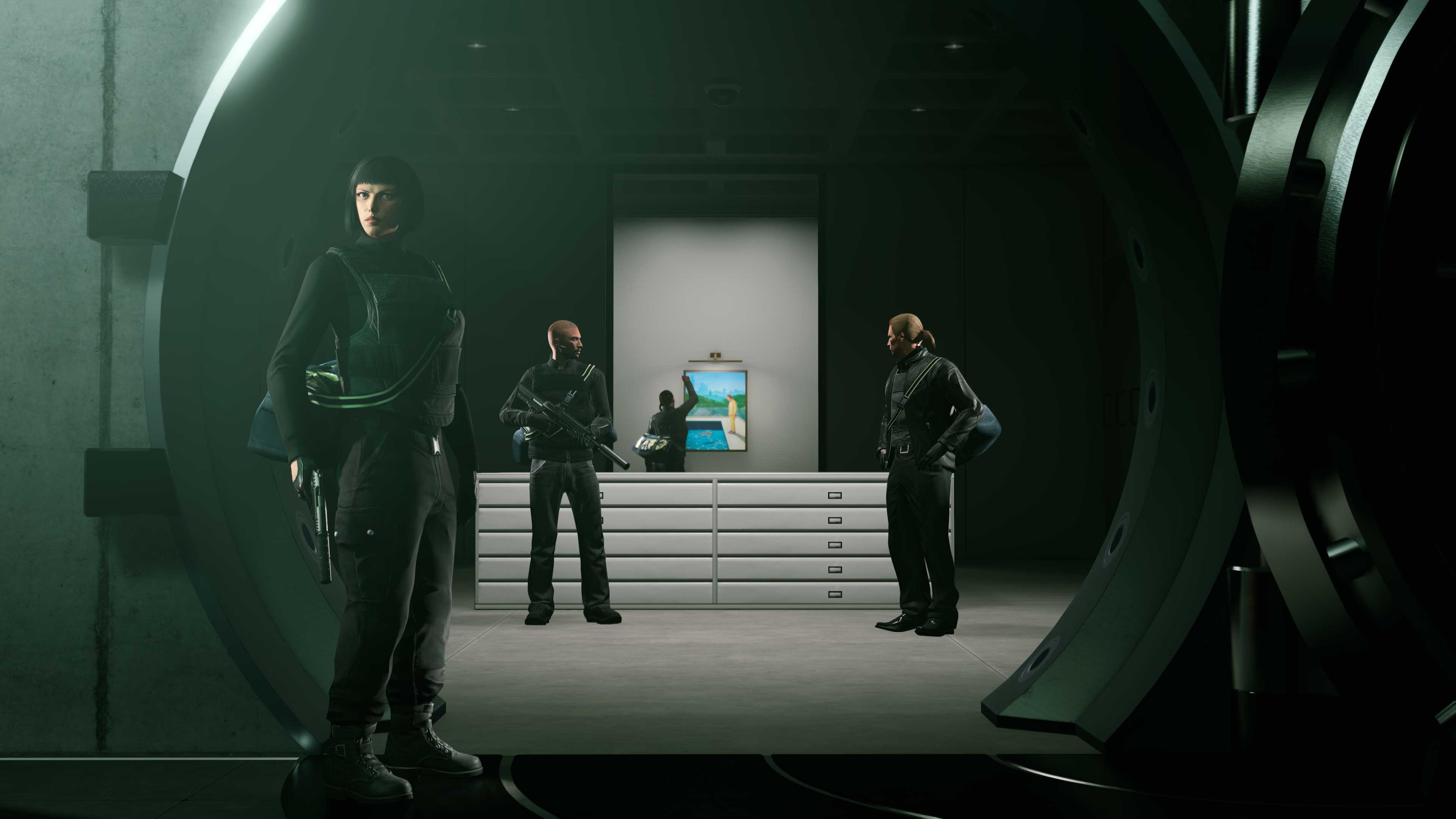 Players open a secured vault during the GTA Online Kortz Center Heist.