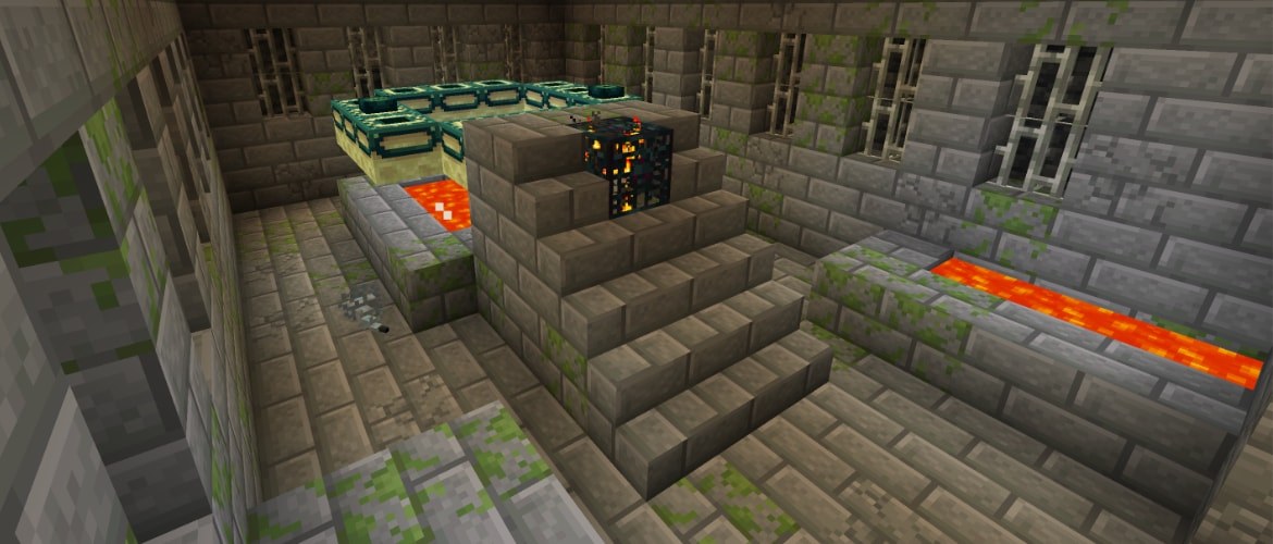 A Minecraft stronghold portal room with an End portal frame, lava channels, and a silverfish spawner.