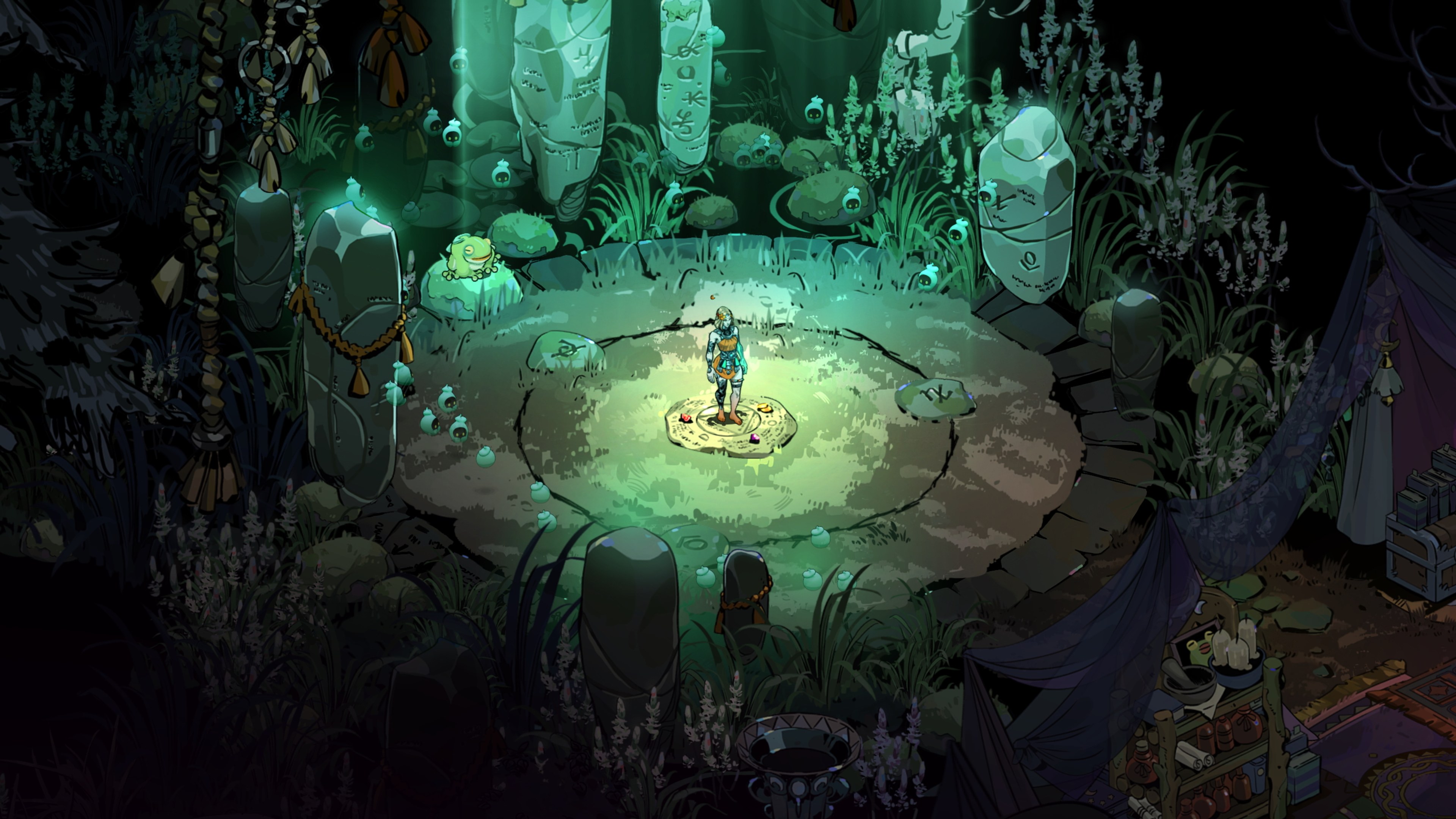 Melinoe stands in a glowing ritual circle inside the Crossroads in an official Hades II screenshot.