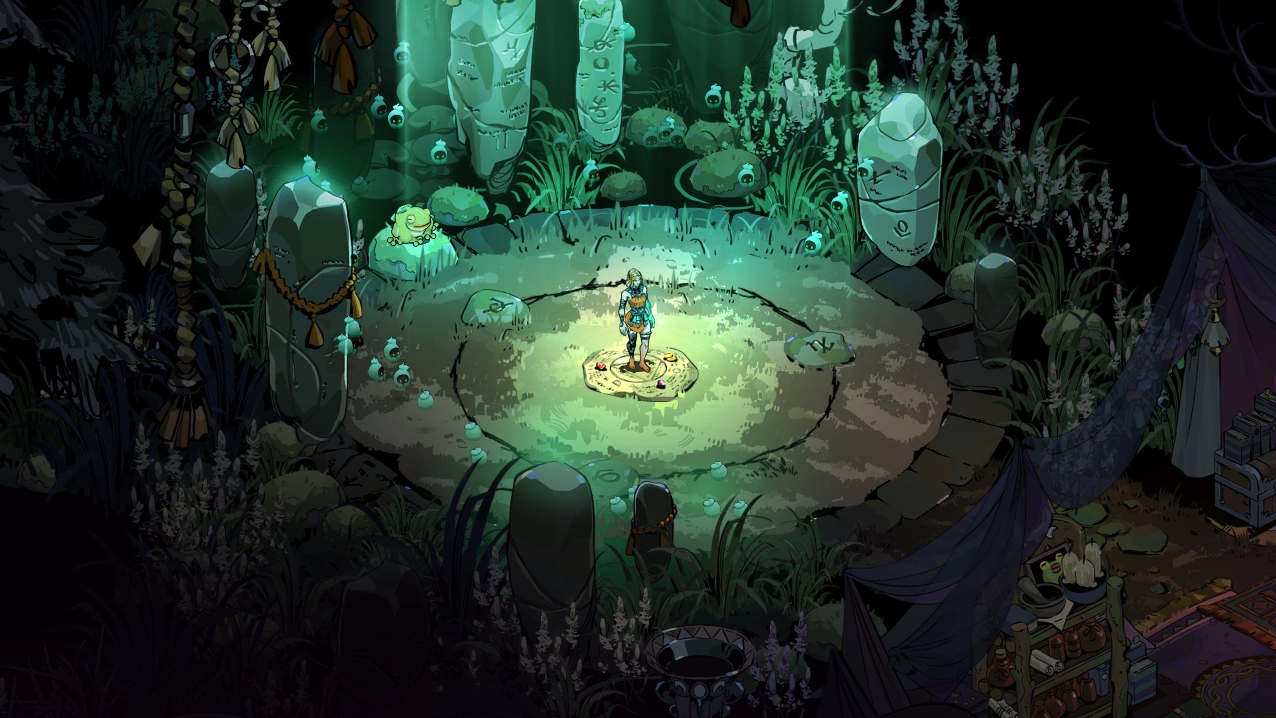 Melinoe stands in a glowing ritual circle inside the Crossroads in an official Hades II screenshot.