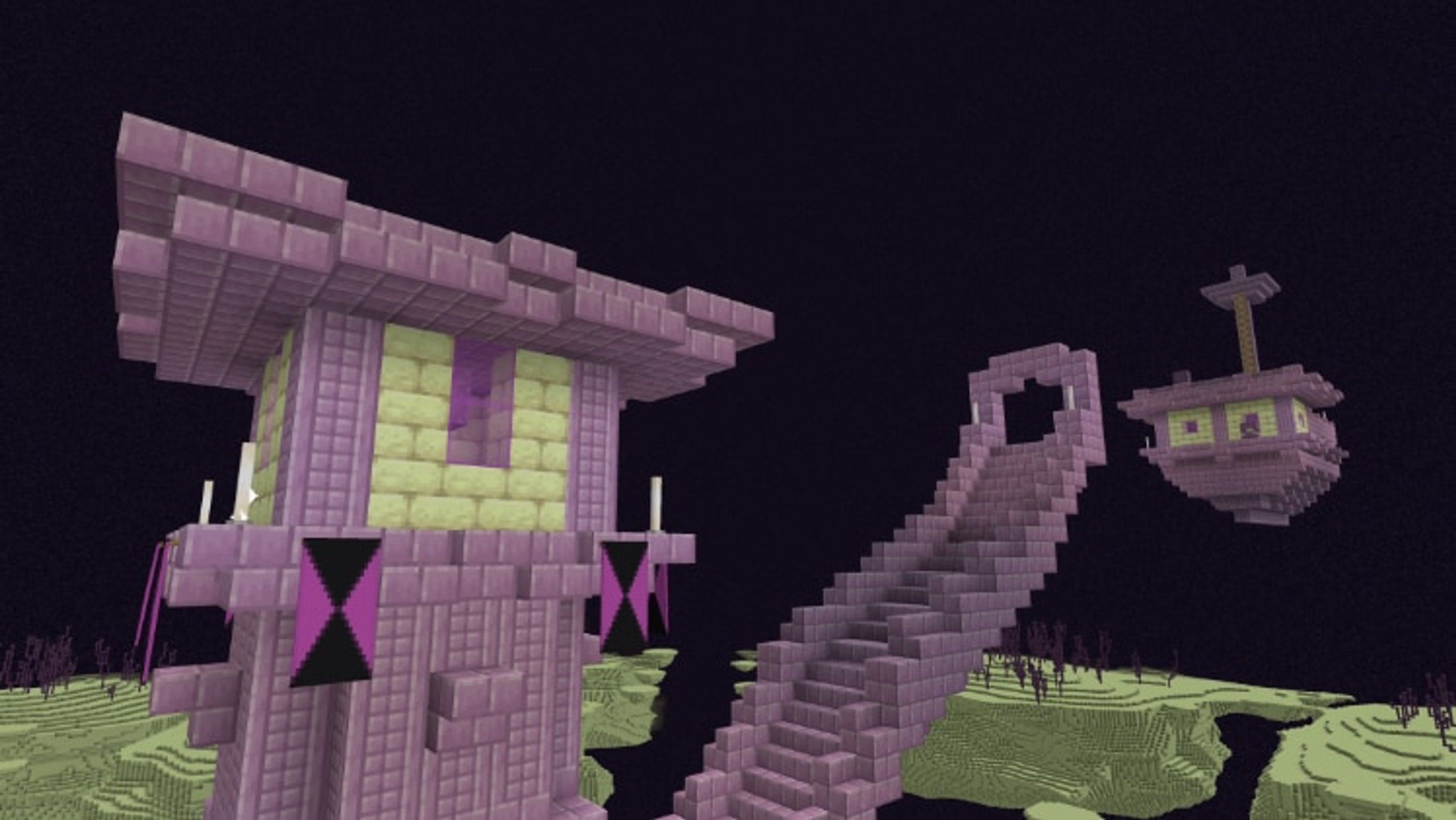 An official Minecraft screenshot of an End city tower with an End ship floating nearby.