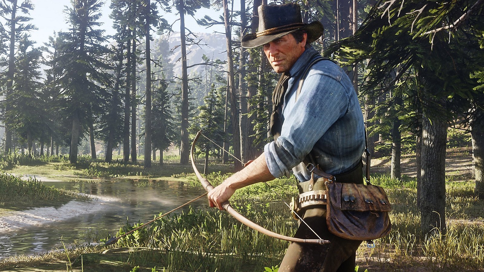 Arthur Morgan holding a bow while hunting in a forest.