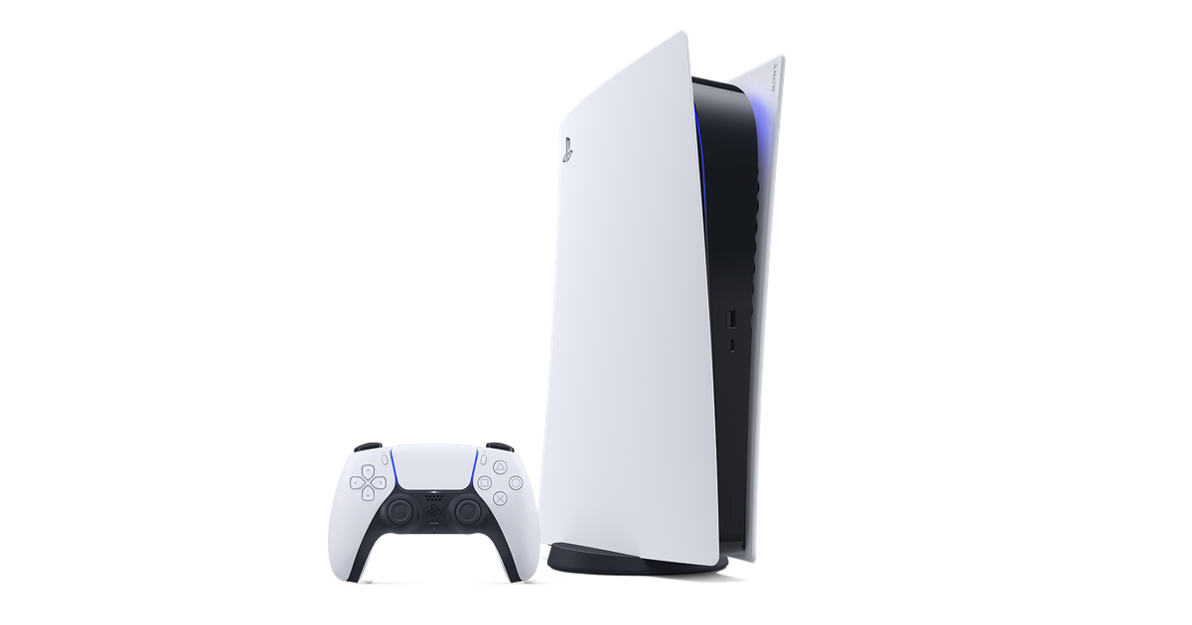 A white PlayStation 5 console stands beside a DualSense controller.