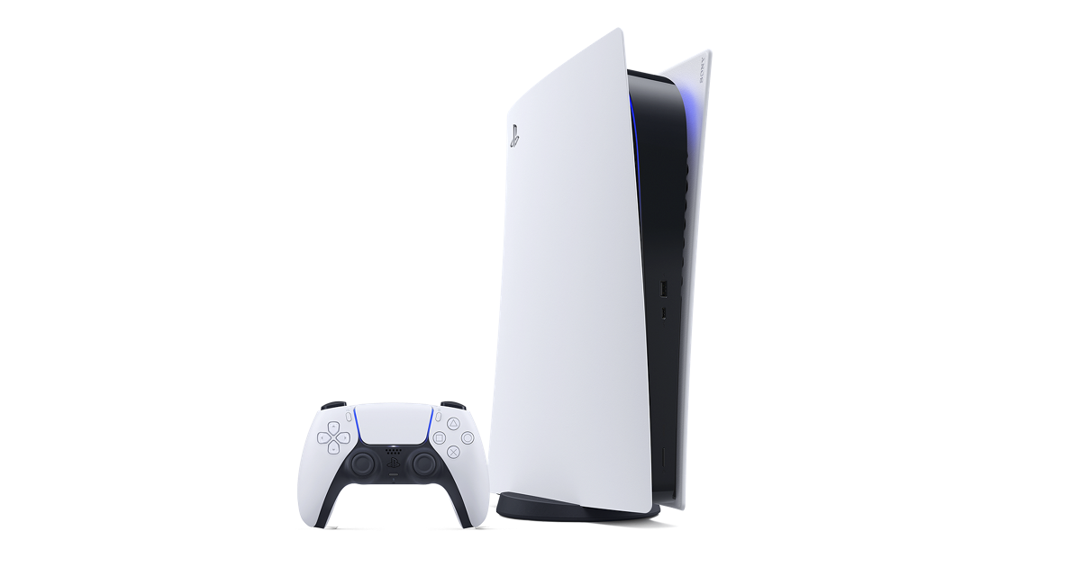 A white PlayStation 5 console stands beside a DualSense controller.
