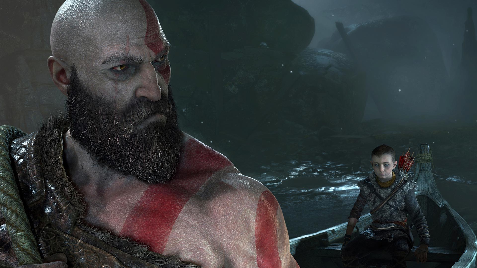 Kratos looks ahead while Atreus sits behind him in a boat in God of War.