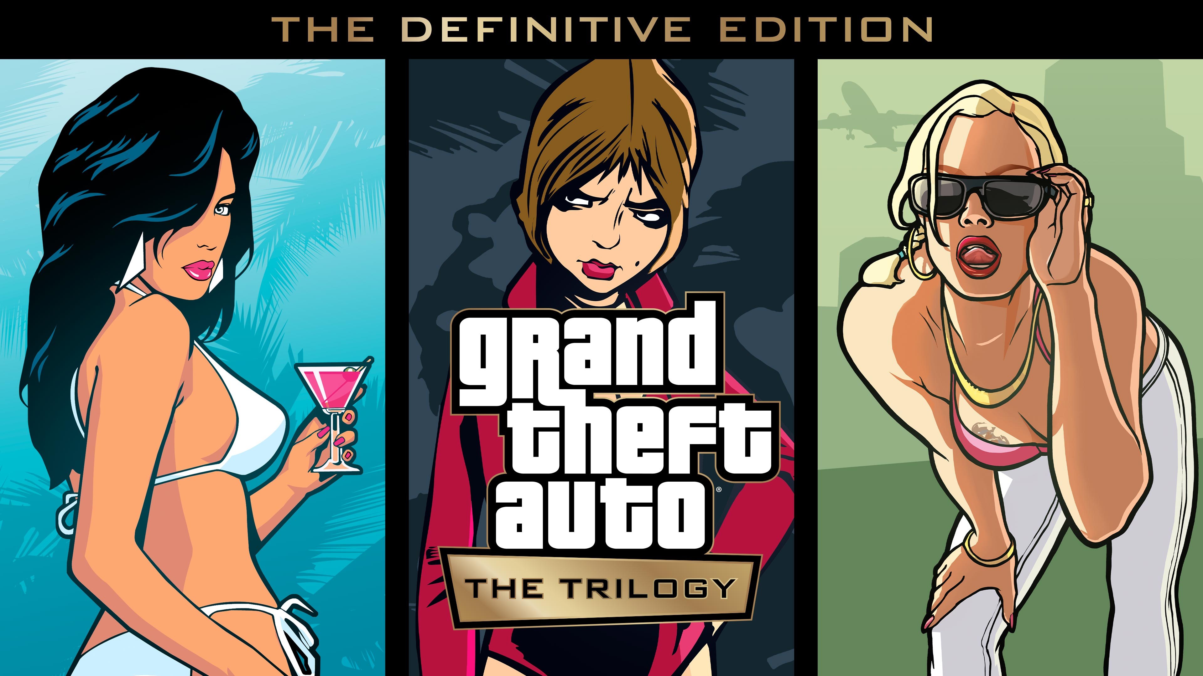 Official artwork from Rockstar's Grand Theft Auto: The Trilogy – The Definitive Edition release announcement.