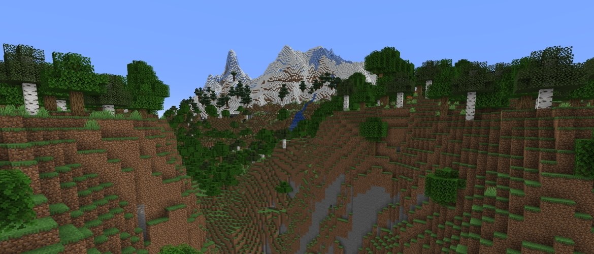 A wide Minecraft Caves and Cliffs landscape with mountains, cliffs, and exposed cave openings.