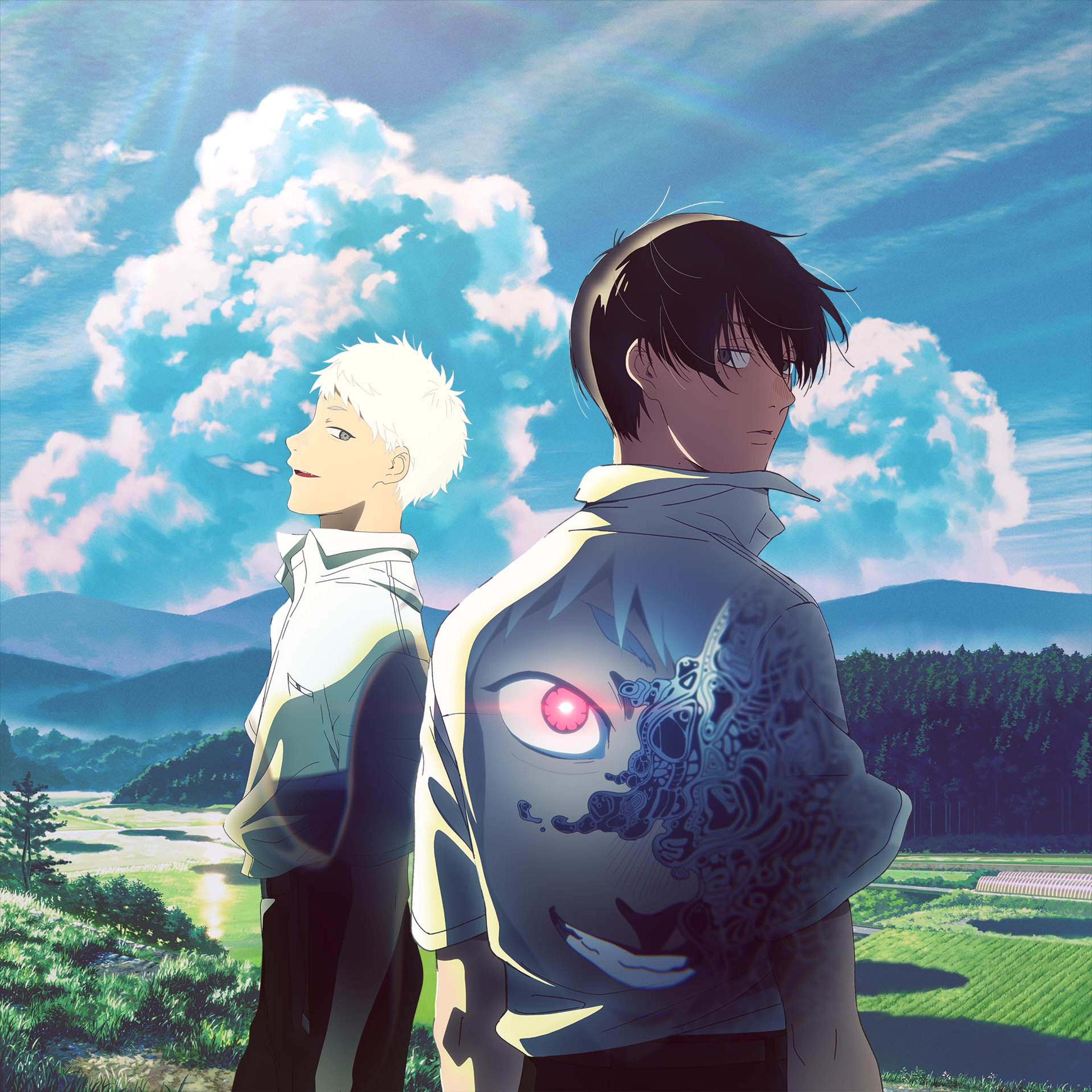 Official The Summer Hikaru Died visual showing Yoshiki and Hikaru against a bright rural landscape.