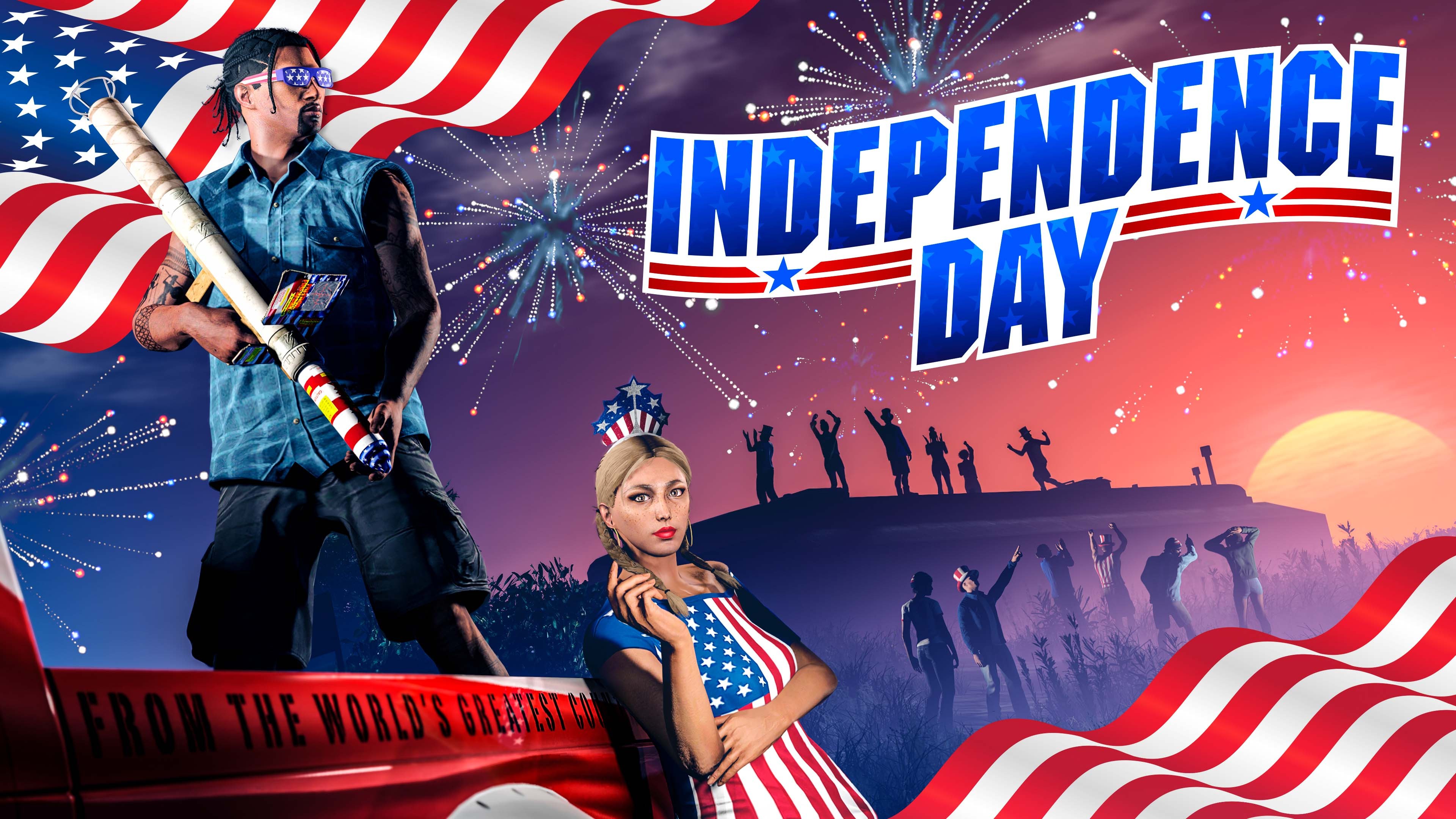 Official GTA Online event art for Rockstar's July 2026 Independence Day bonuses.