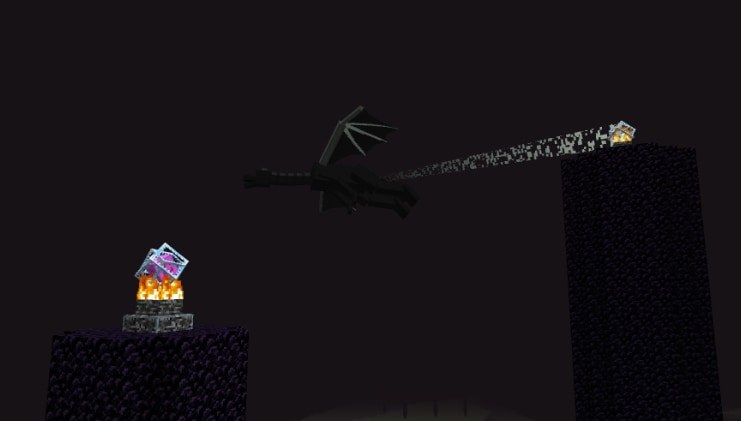 The Ender Dragon flying between obsidian towers while End Crystals heal it from above.