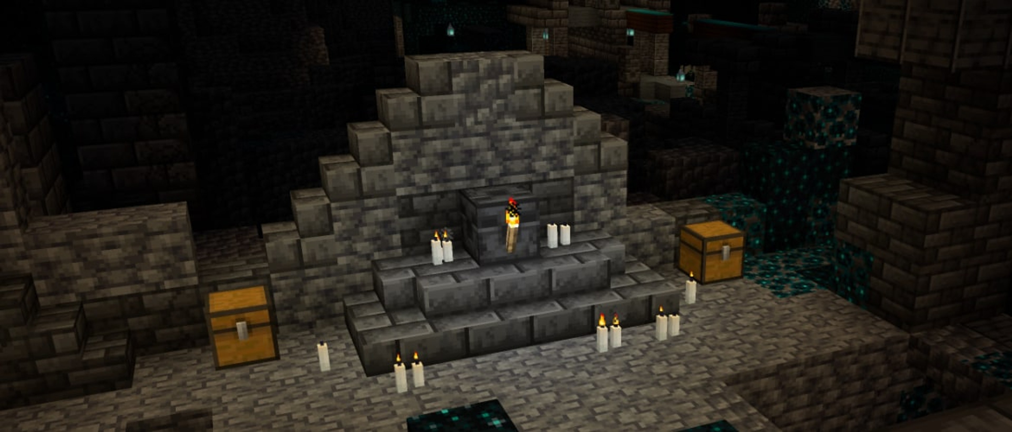 An echo shard displayed in the deep dark area of Minecraft.