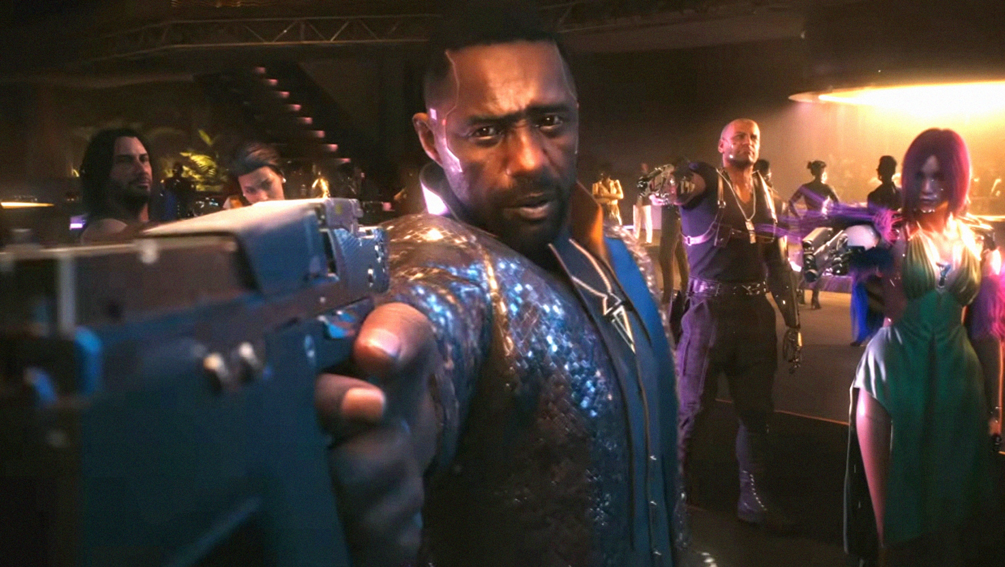 Solomon Reed points a gun during a tense Phantom Liberty scene in Cyberpunk 2077.