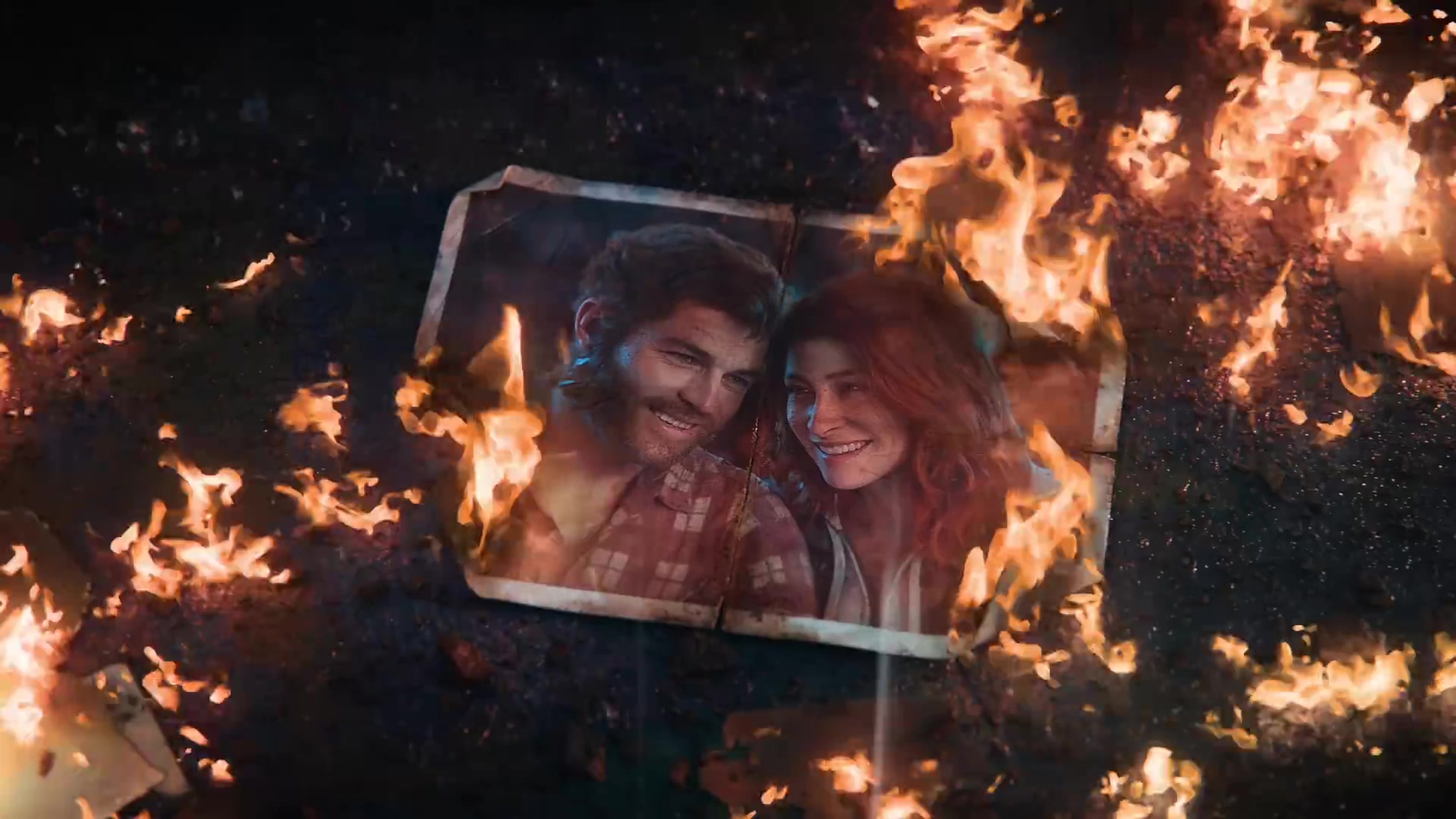 A photograph of Logan and Jean Grey burns in the Marvel's Wolverine trailer.