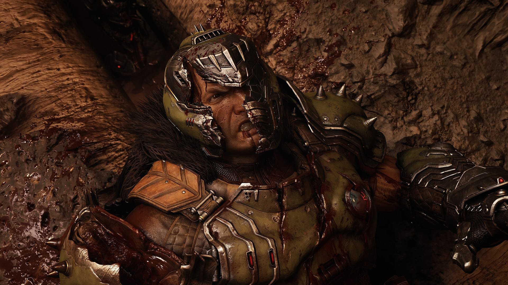 The Doom Slayer knocked down with his helmet visor destroyed in Revelations.
