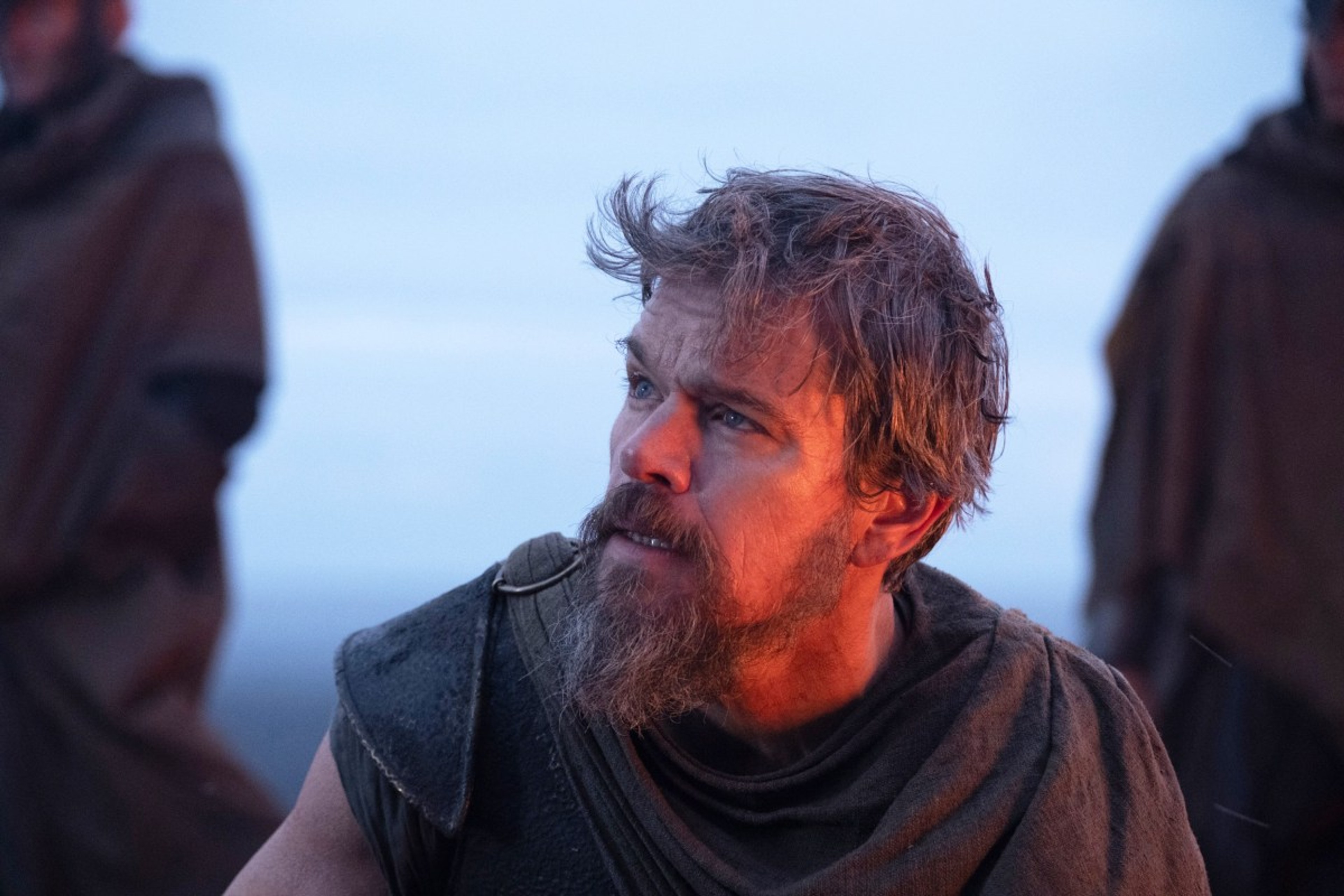 Matt Damon appears as Odysseus in a close-up from The Odyssey.