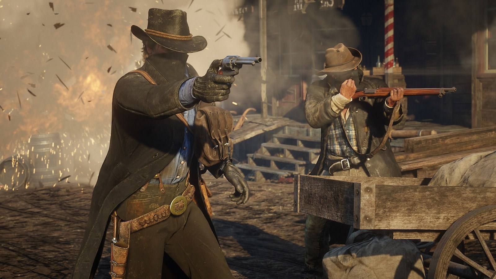Arthur Morgan aiming a handgun during a gunfight.