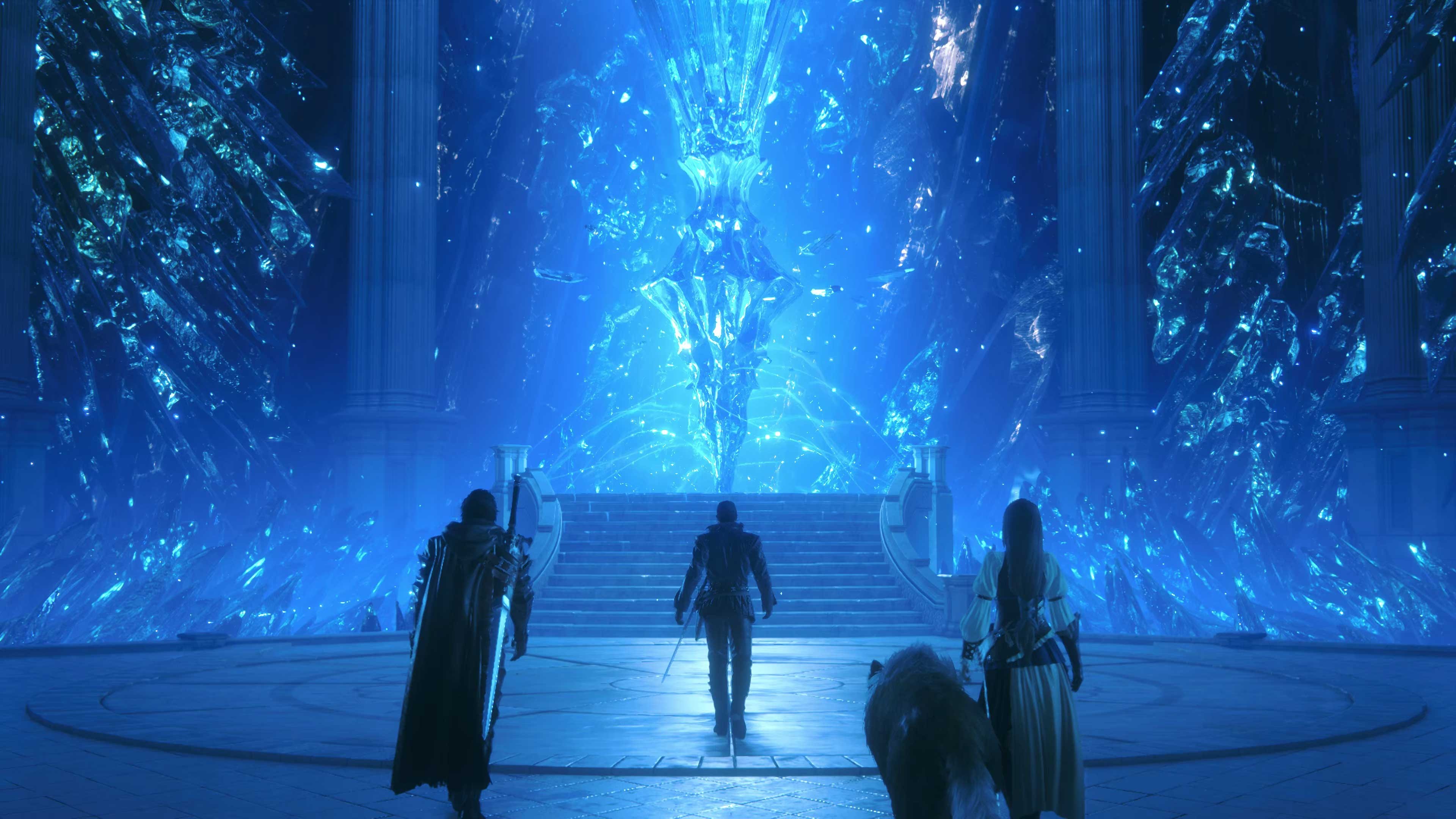 Clive and his companions approach a glowing blue crystal chamber in Final Fantasy XVI.