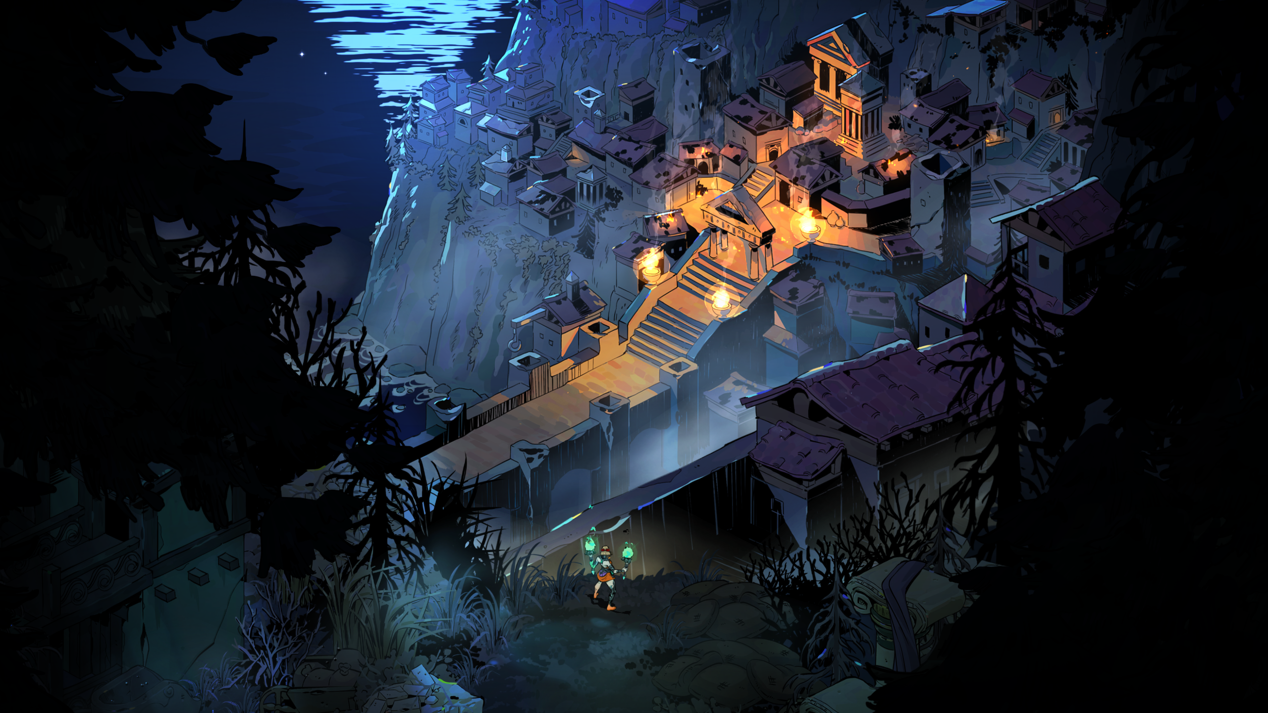 Melinoe approaches a moonlit surface settlement in an official Hades II screenshot.