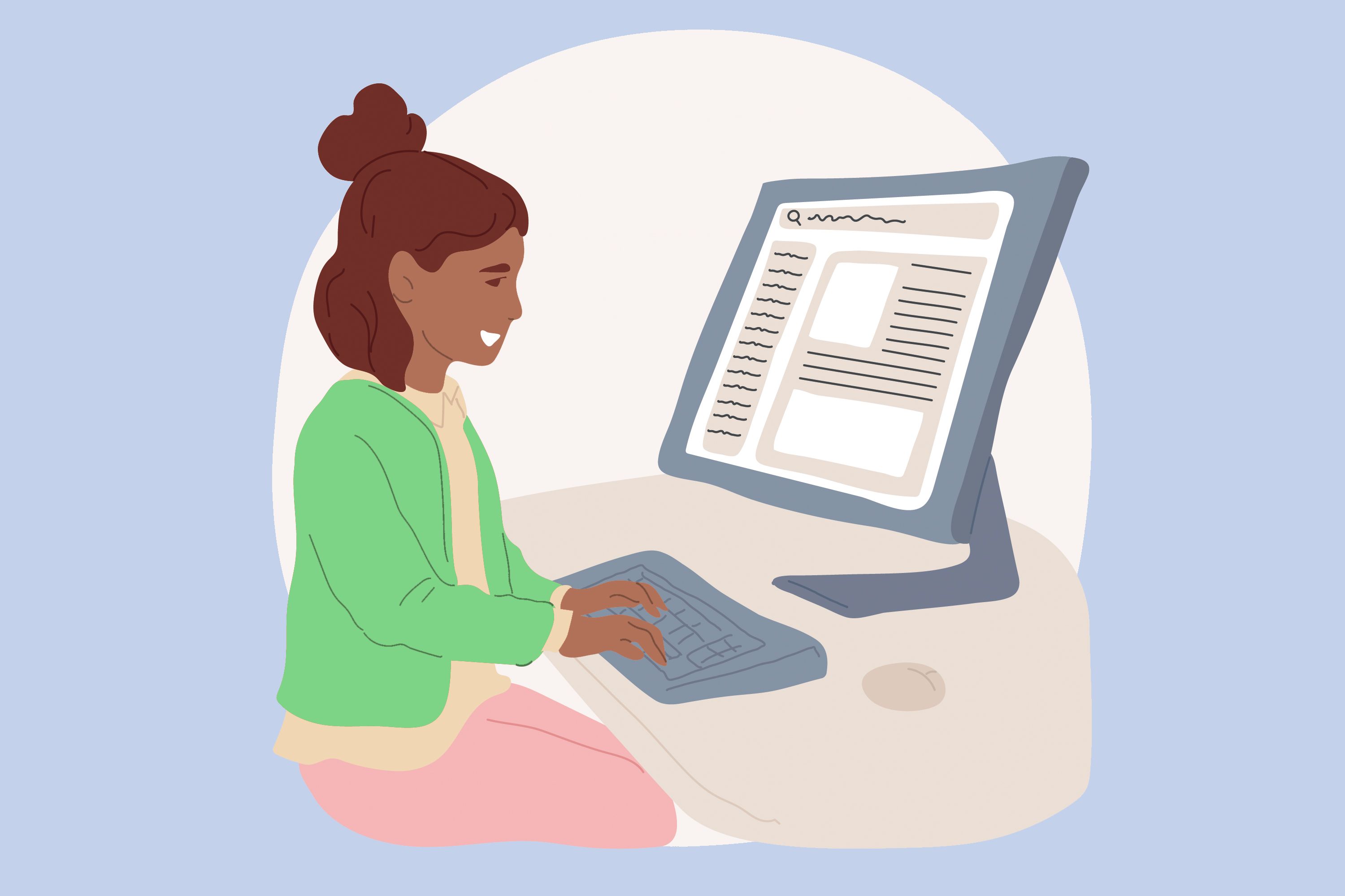 Illustrasjon av en person som sitter og skriver på tastatur foran PC-skjerm.