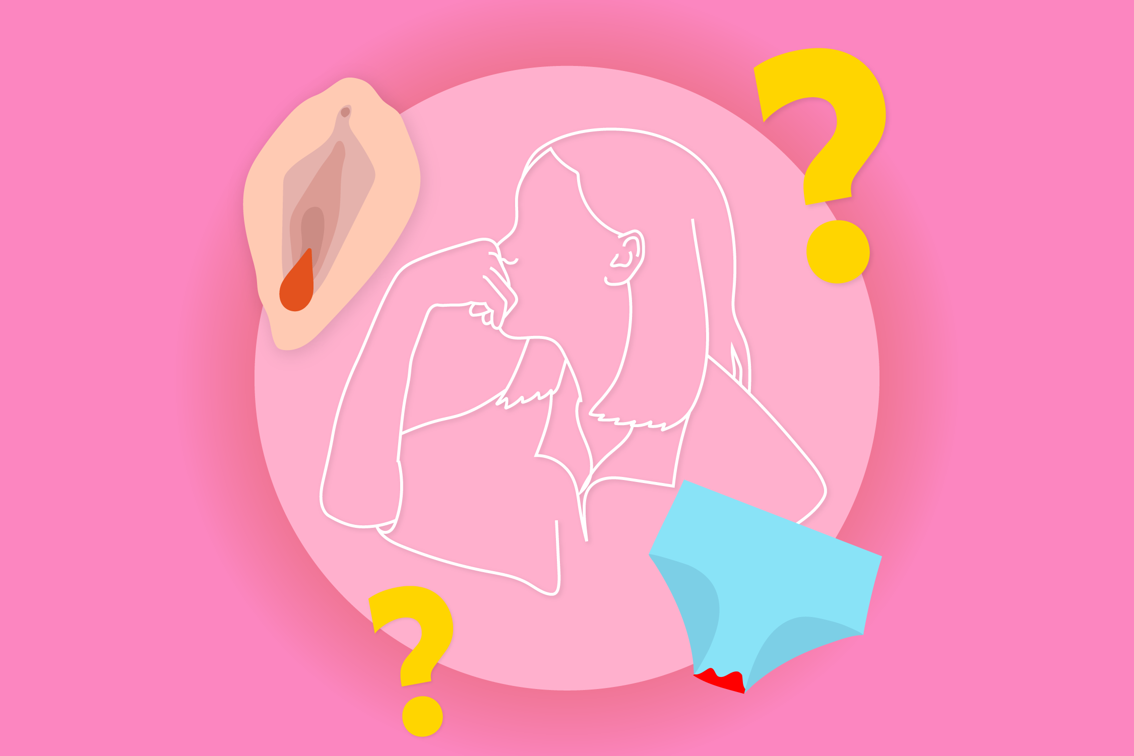 Illustrasjon av en jente som har spørsmål knyttet til mensen, med mindre illustrasjoner rundt av en menstruse og en blødende vagina.