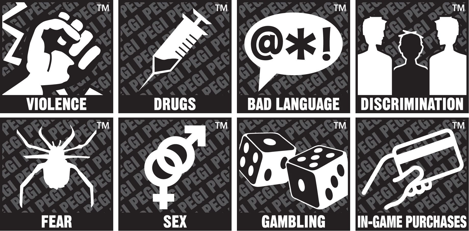 Illustrasjon av symboler som brukes i spill for å vise om spillet inneholder grovt språk, vold, rusmidler, diskriminering, frykt, sex og nakenhet, gambling og kjøp i spillet