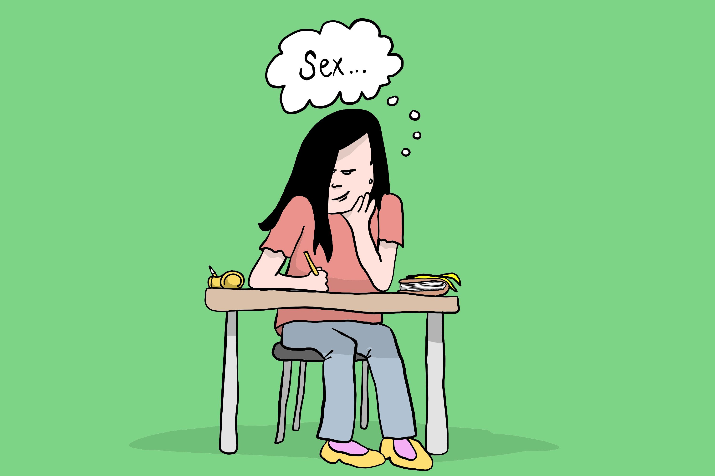 Illustrasjon av en ung jente som sitter i klasserommet og tenker på sex