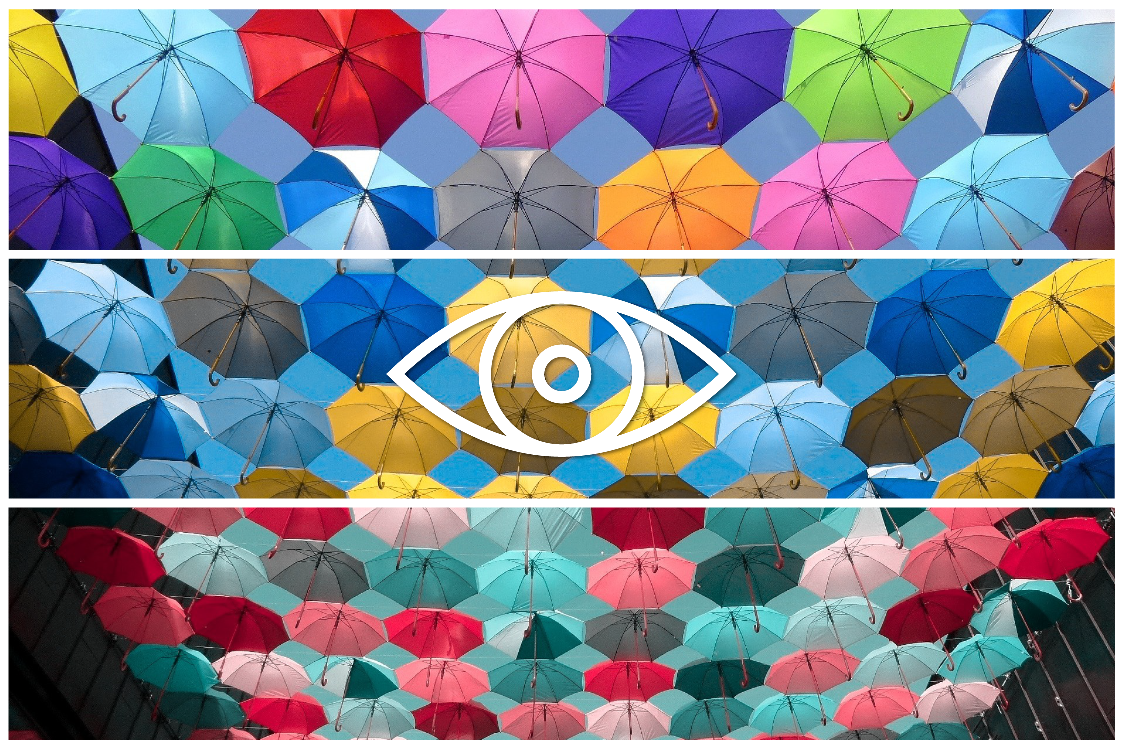 Illustrasjon av paraplyer i mange ulike fargekombinasjoner.