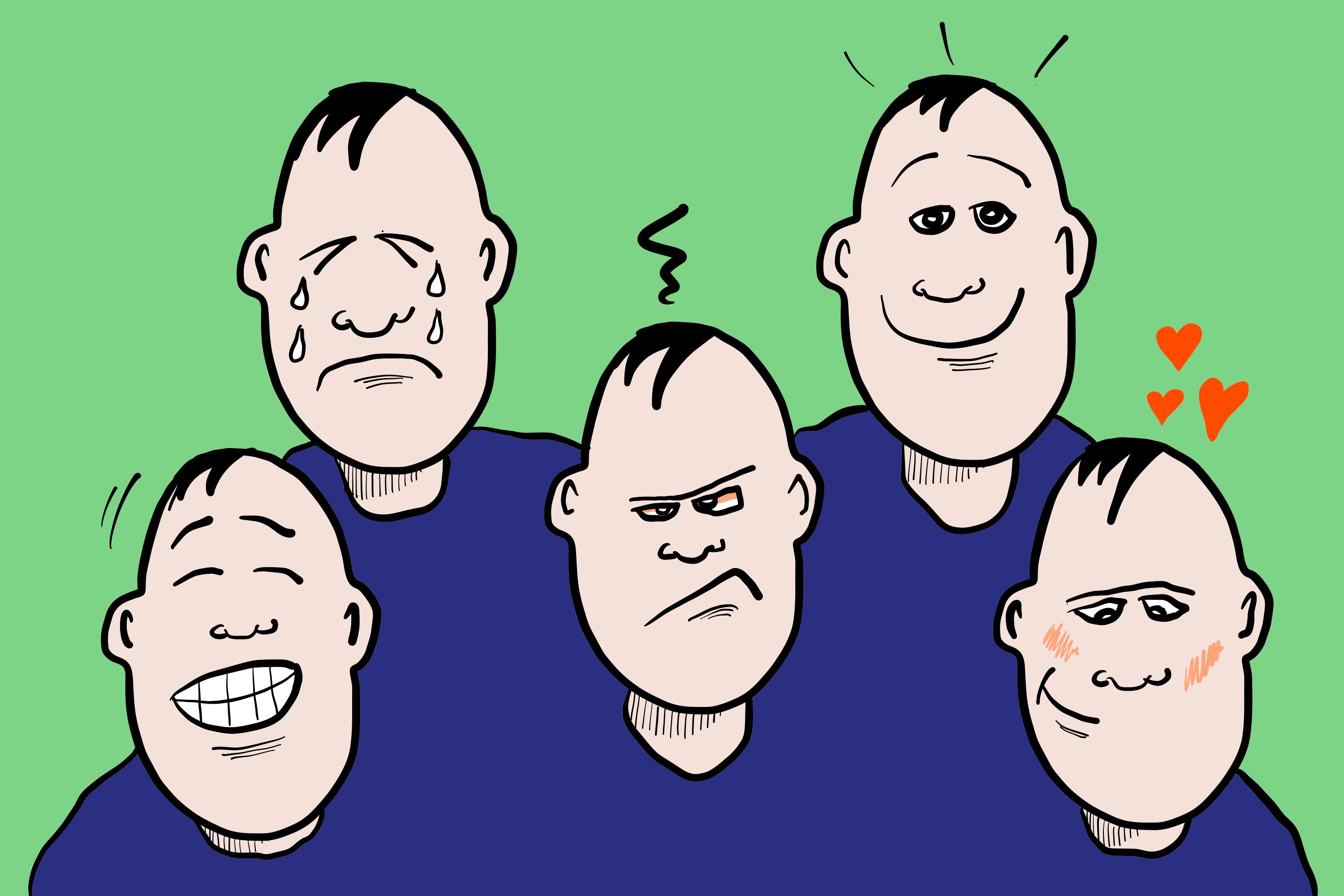 Illustrasjon av fem personer som hver har én sterk følelse av noe: glede, tristhet, sinne, forelskelse og interesse